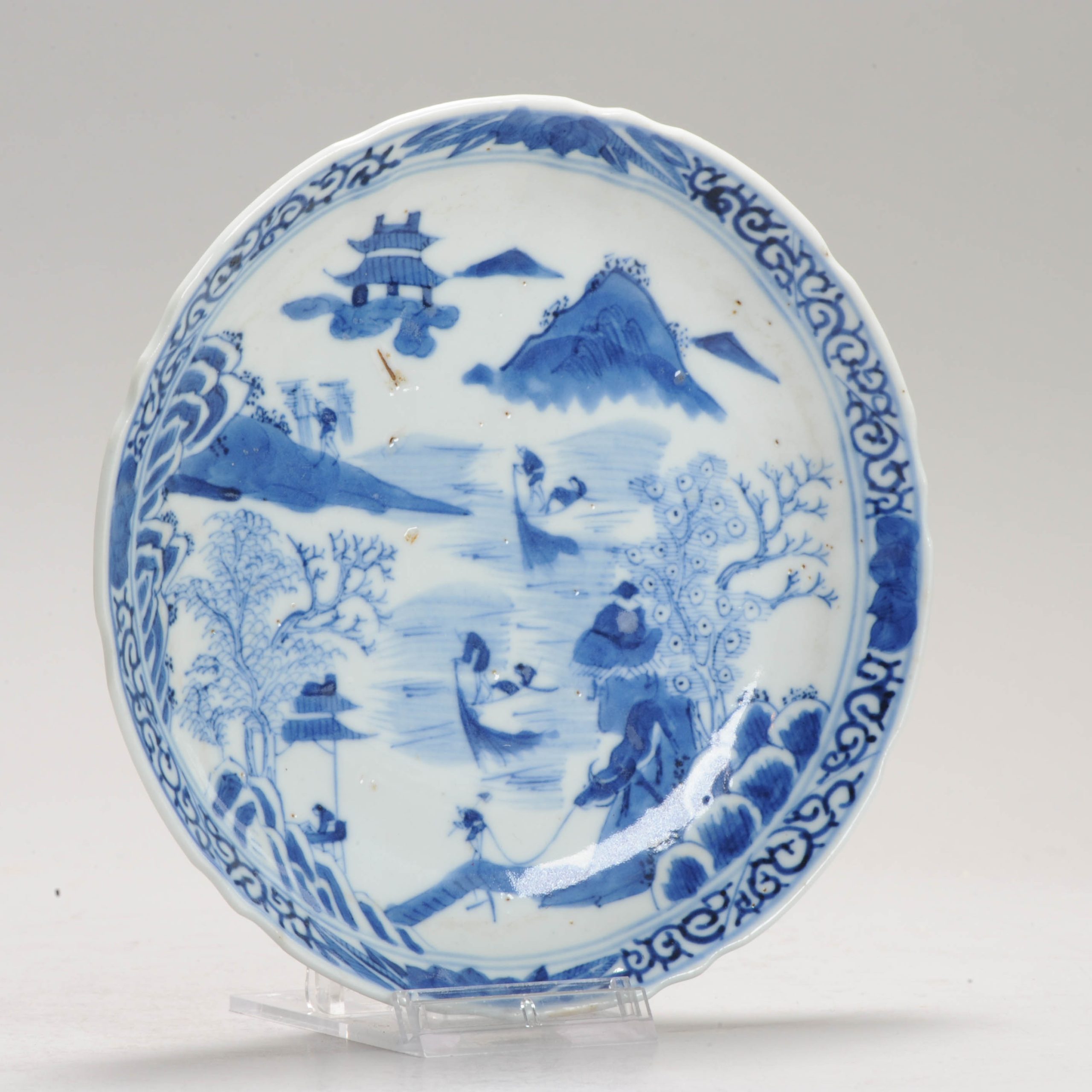 Antique Chinese Porcelain 19C Dish Landscape scene Fishermen Ox Kangxi marked