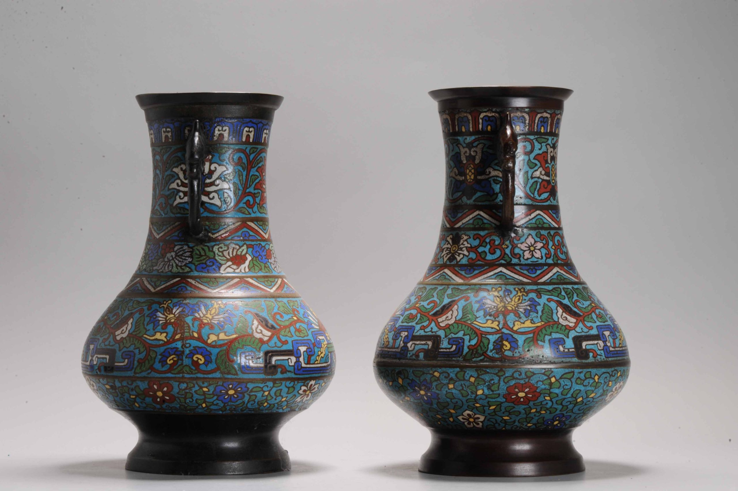 Pair Antique Bronze / Copper Cloisonné Vase of Round shape Japan 19th C - Image 4