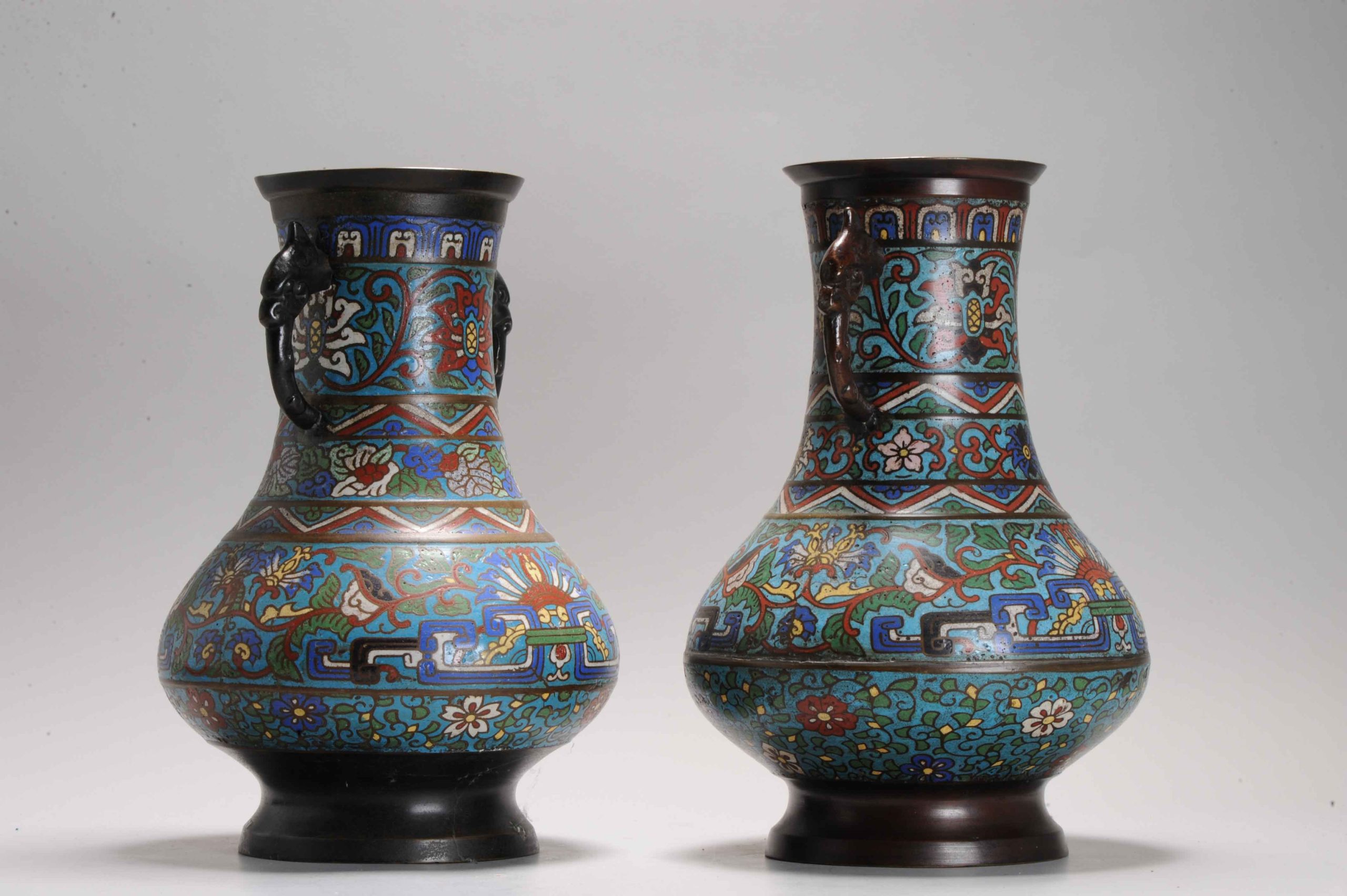 Pair Antique Bronze / Copper Cloisonné Vase of Round shape Japan 19th C - Image 3