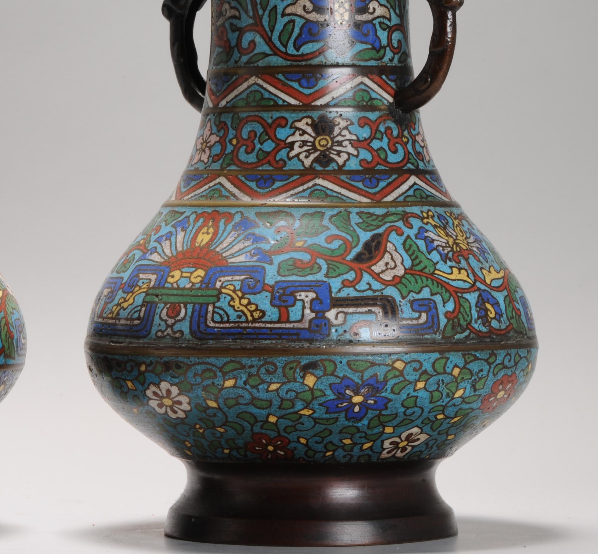 Pair Antique Bronze / Copper Cloisonné Vase of Round shape Japan 19th C - Image 6