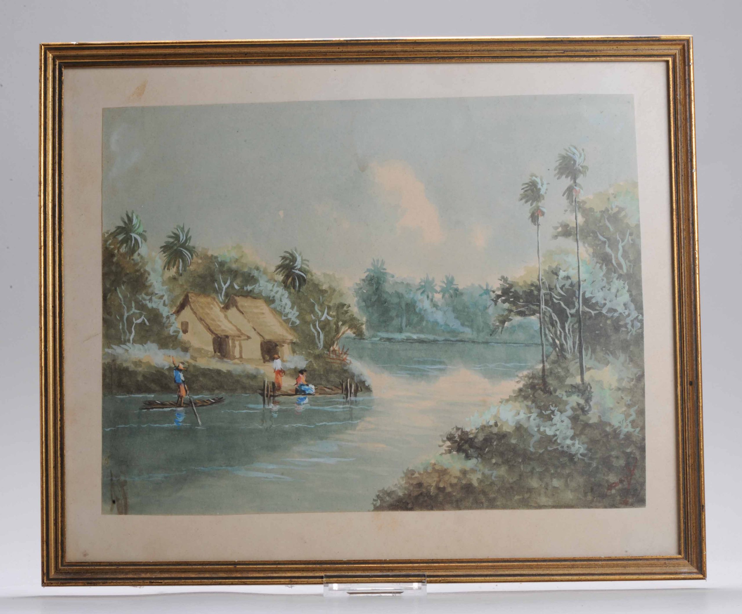 Antique / Vintage Painting Indonesia Bali / Indonesia Lady in Village Scene