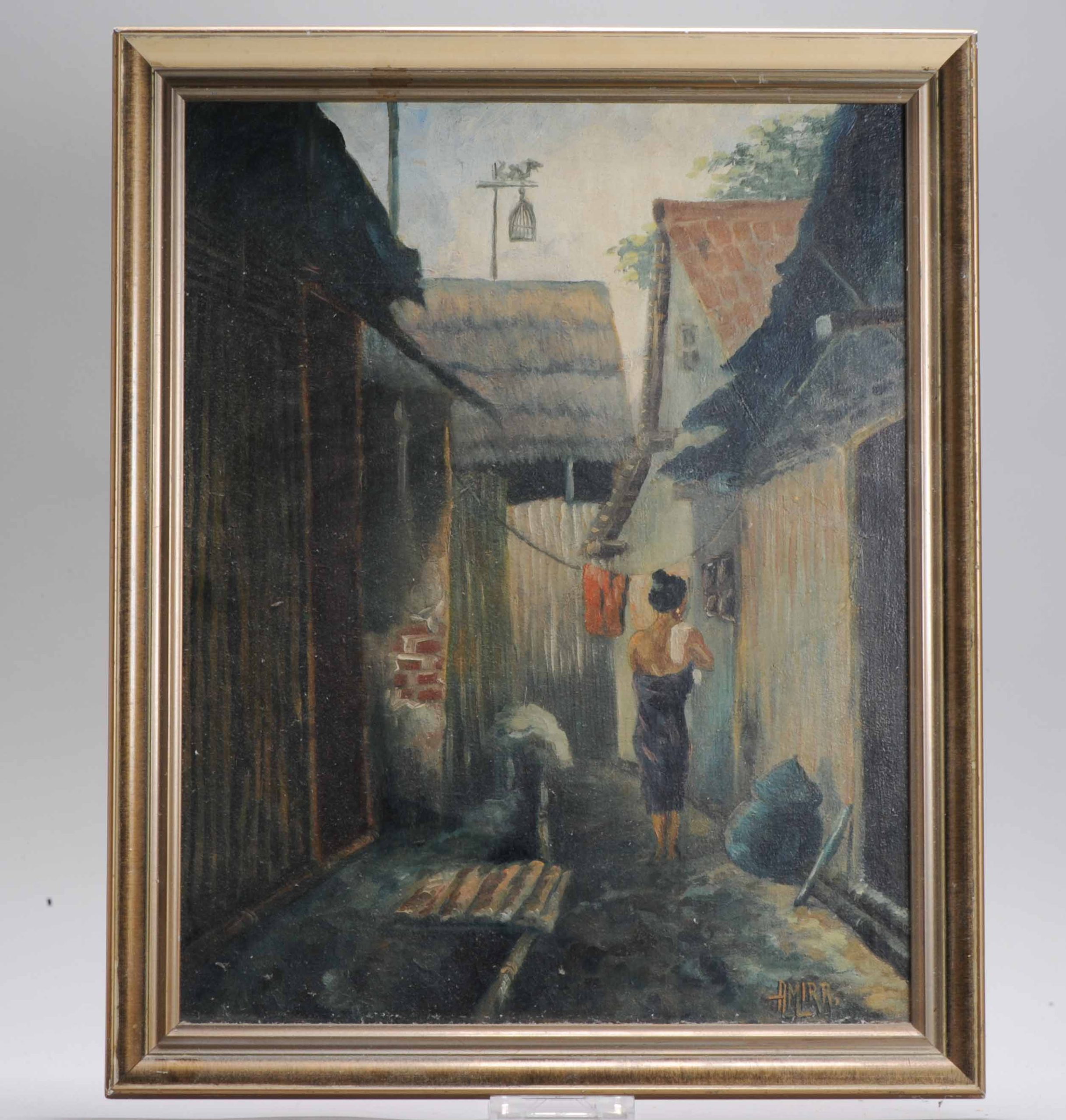 Antique / Vintage Painting Indonesia Bali / Indonesia Lady in Village Scene