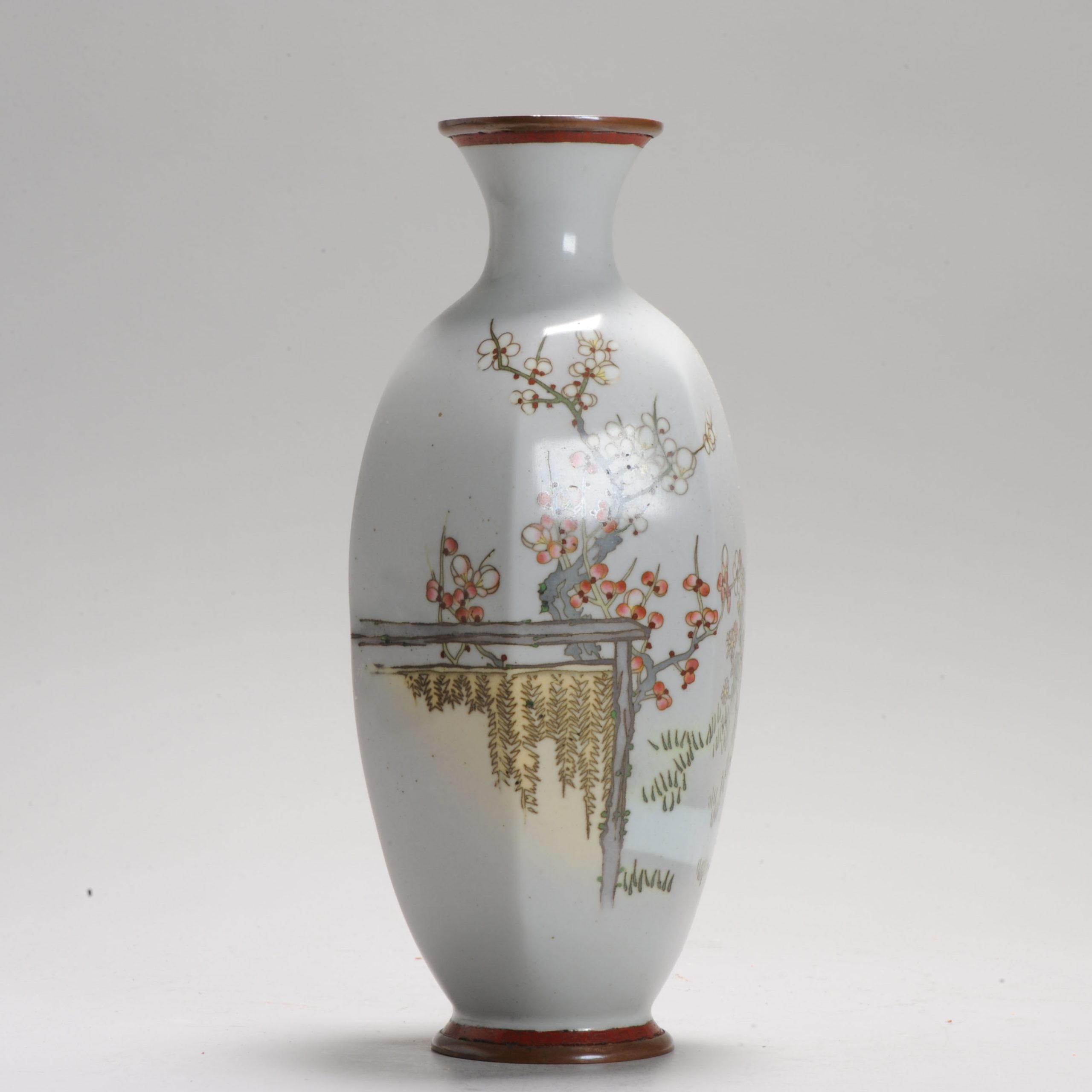 A grey ground Vase with flowers and Prunus cloisonné enamel Meiji era (1868-1912)