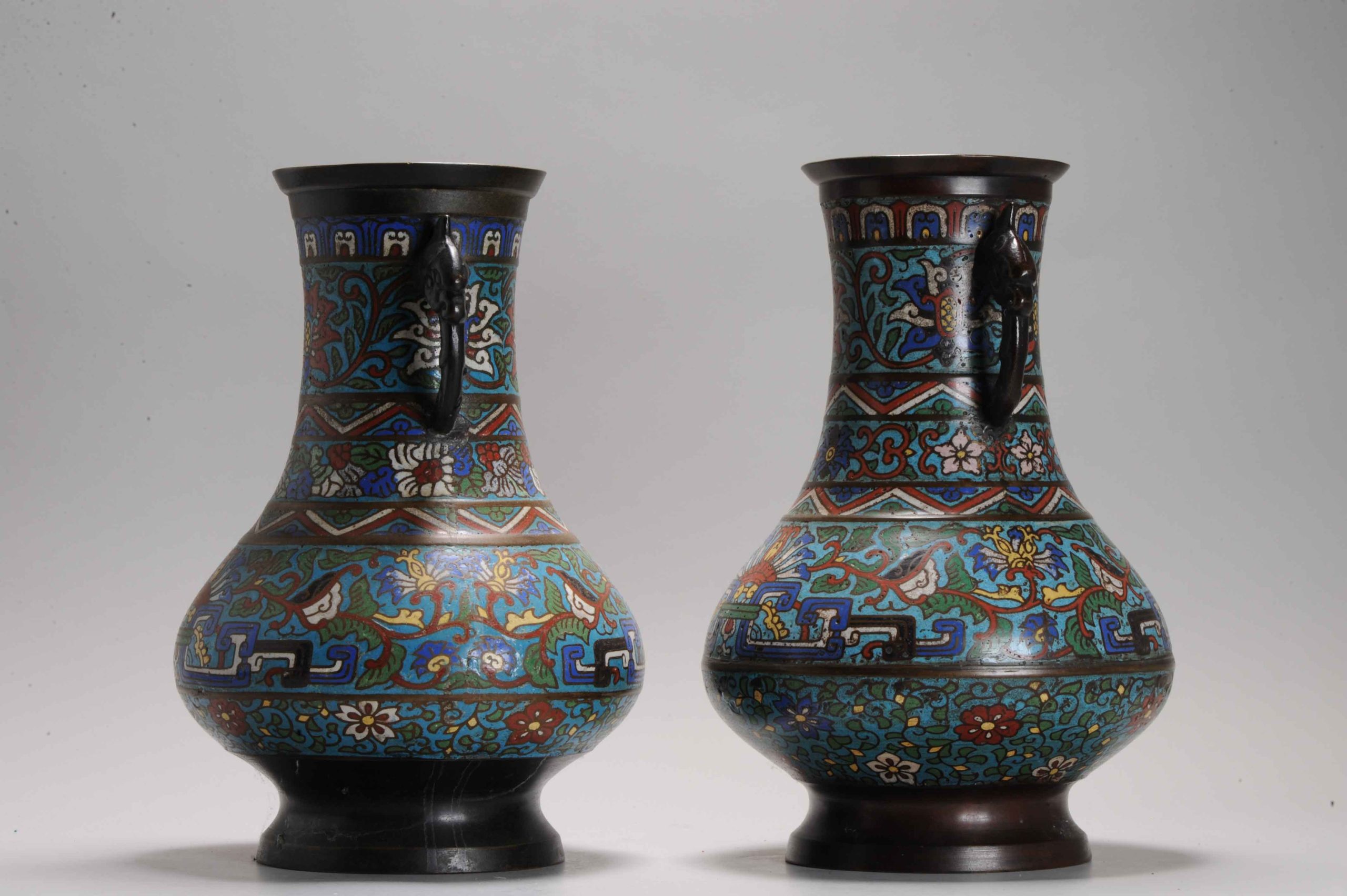 Pair Antique Bronze / Copper Cloisonné Vase of Round shape Japan 19th C - Image 11