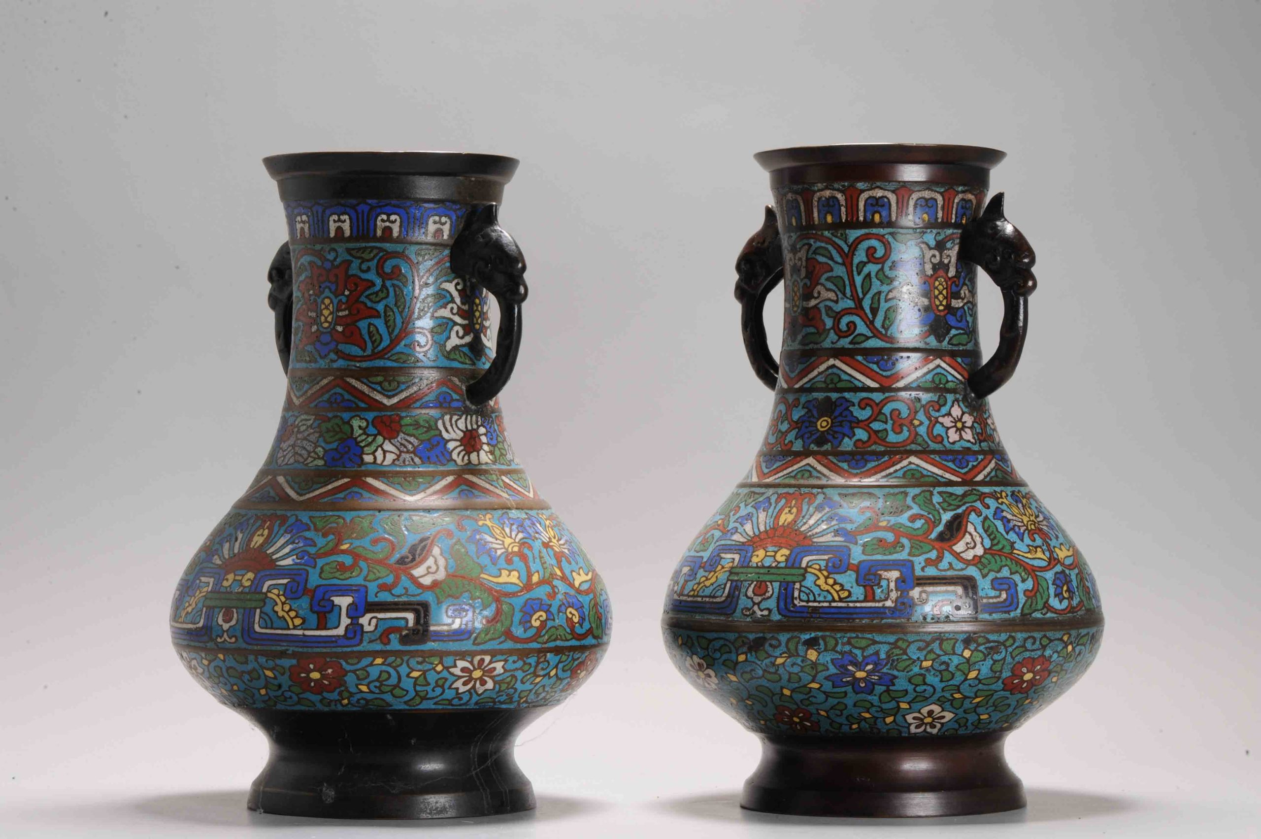 Pair Antique Bronze / Copper Cloisonné Vase of Round shape Japan 19th C - Image 12