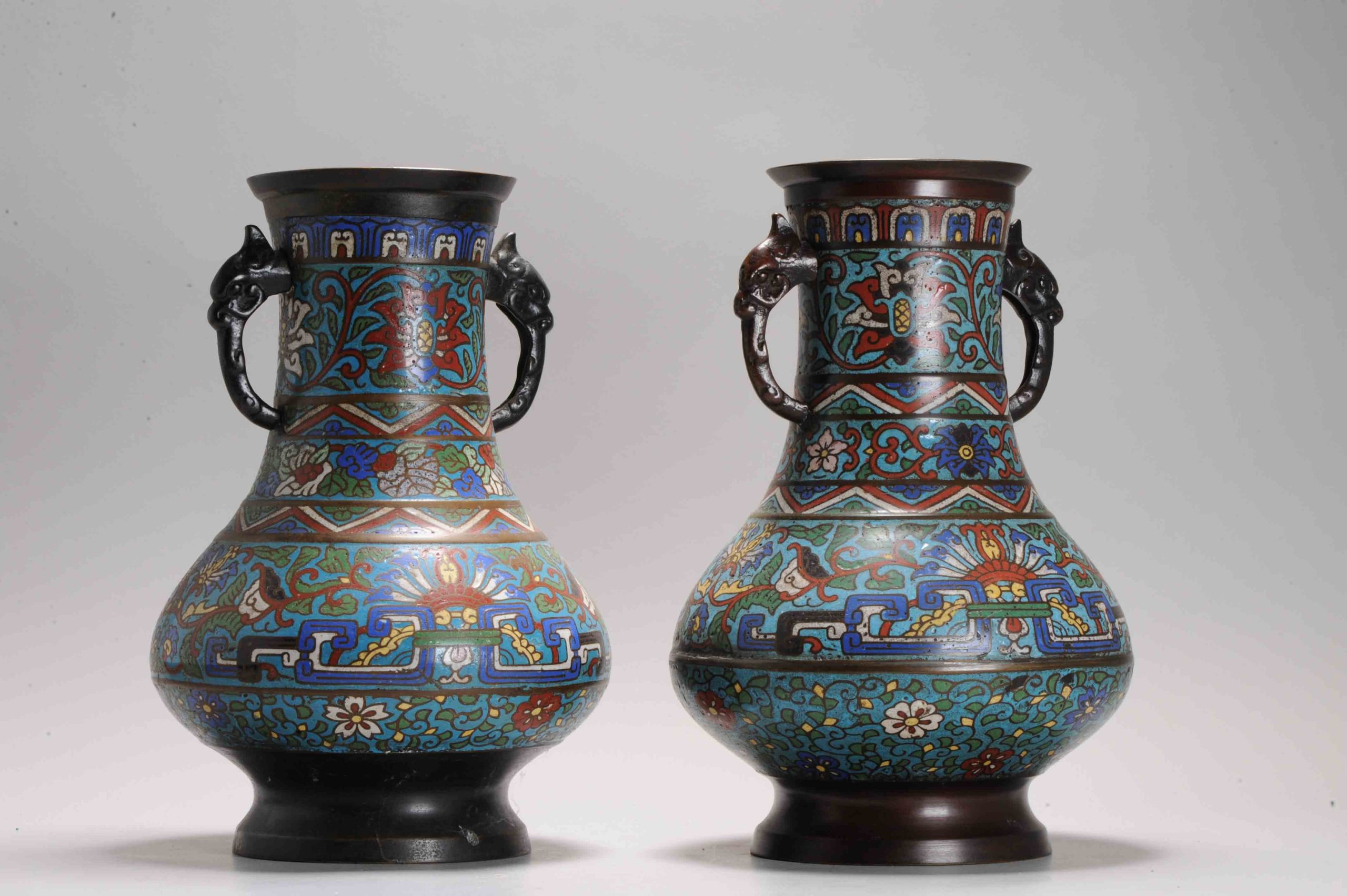 Pair Antique Bronze / Copper Cloisonné Vase of Round shape Japan 19th C - Image 2