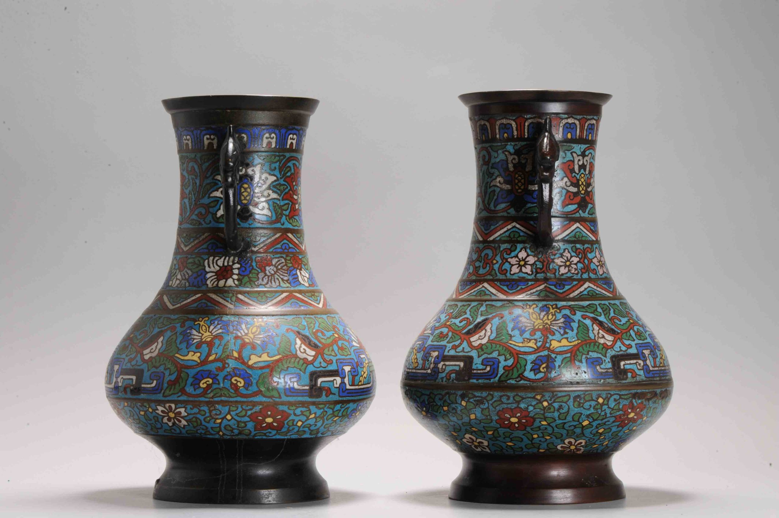 Pair Antique Bronze / Copper Cloisonné Vase of Round shape Japan 19th C - Image 10