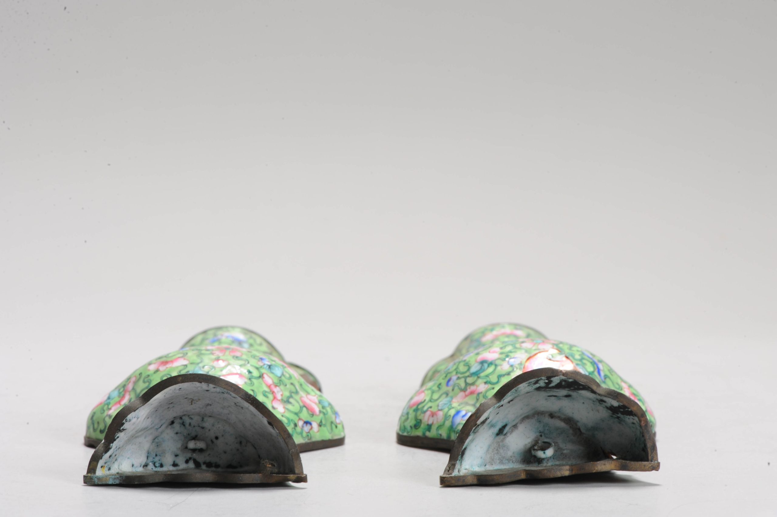 Pair Antique Chinese Canton Enamel Metal Wall Vases Qianlong 18th Century - Image 6