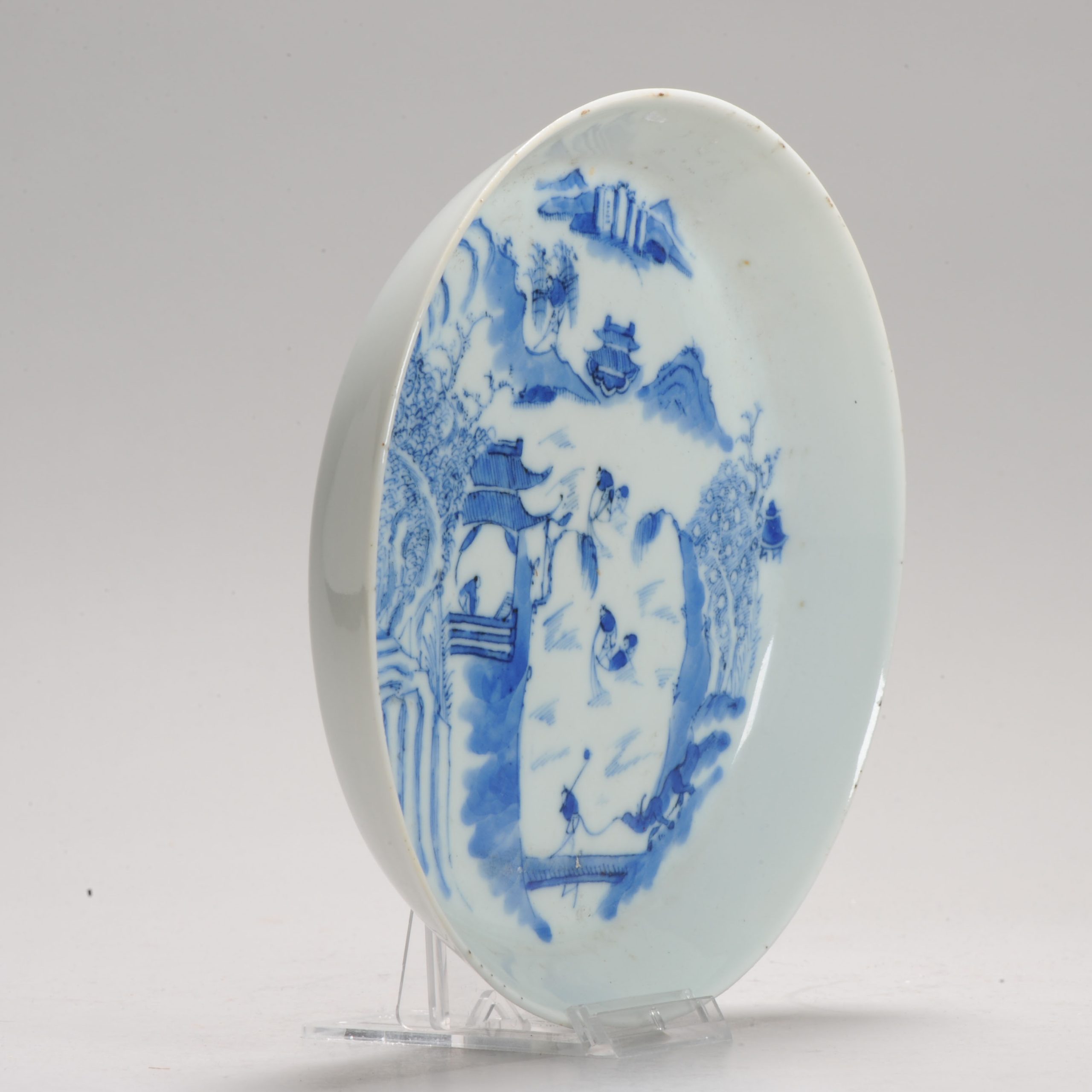 Antique Chinese Porcelain 19C Bleu de Hue Dish Marked Base Landscape - Image 3