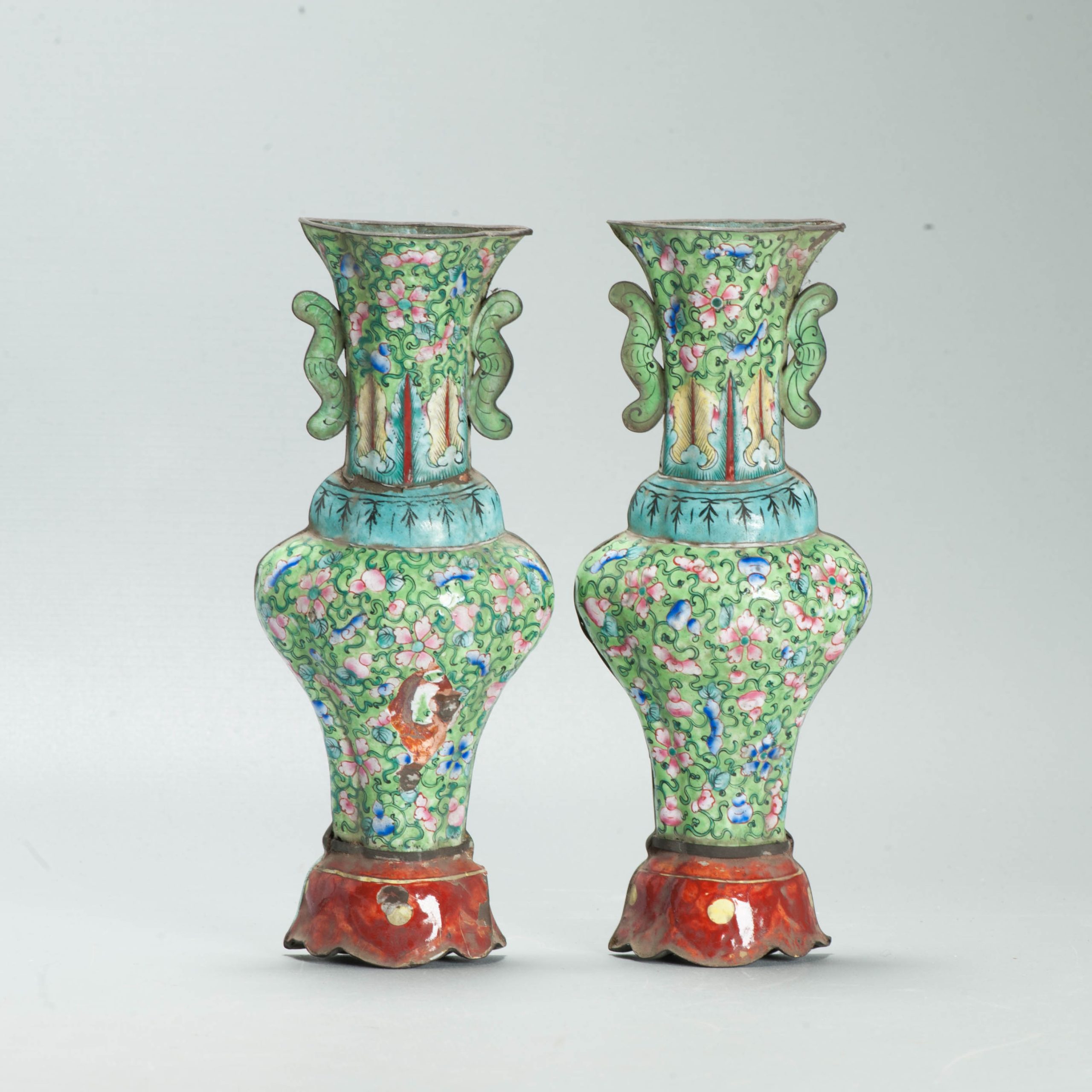 Pair Antique Chinese Canton Enamel Metal Wall Vases Qianlong 18th Century - Image 5