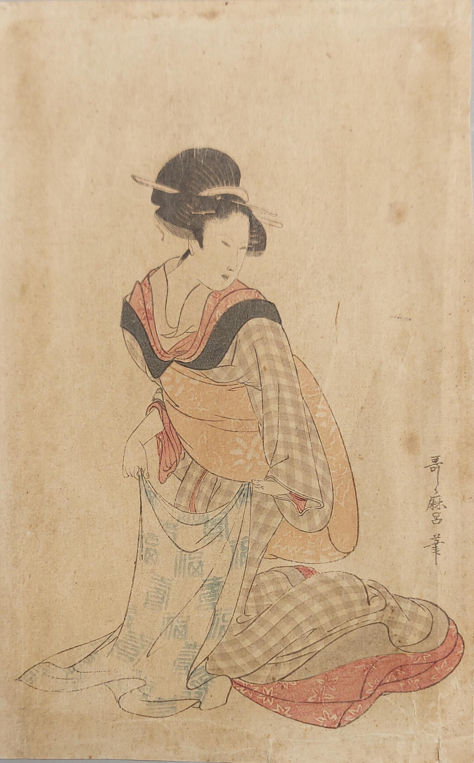 Antique 19th c Woodblock Print – Kitagawa Utamuro – Nyobo no aiko