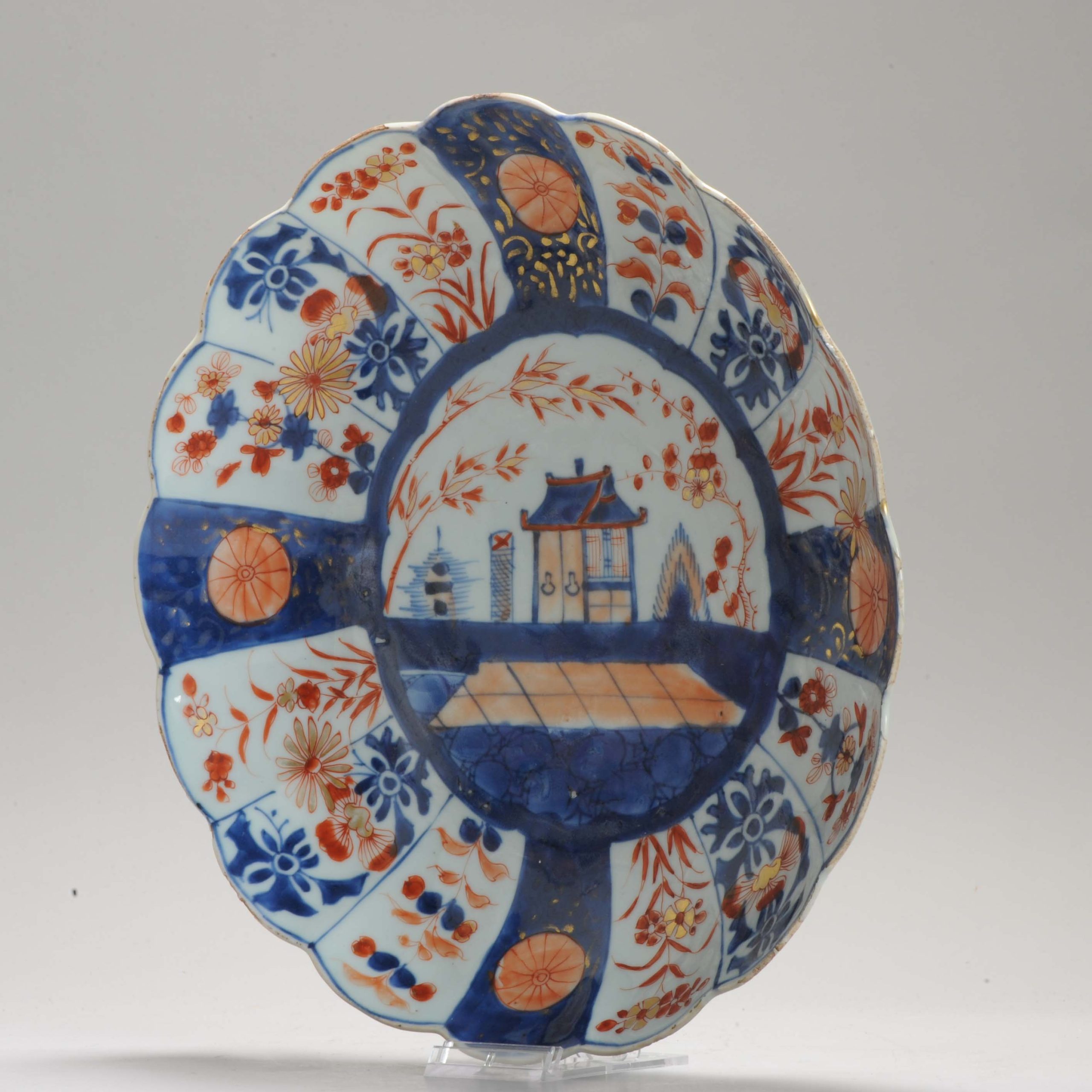 Antique Ca 1700 Chinese Porcelain Kangxi Imari Landscape Plate with blue red border - Image 12