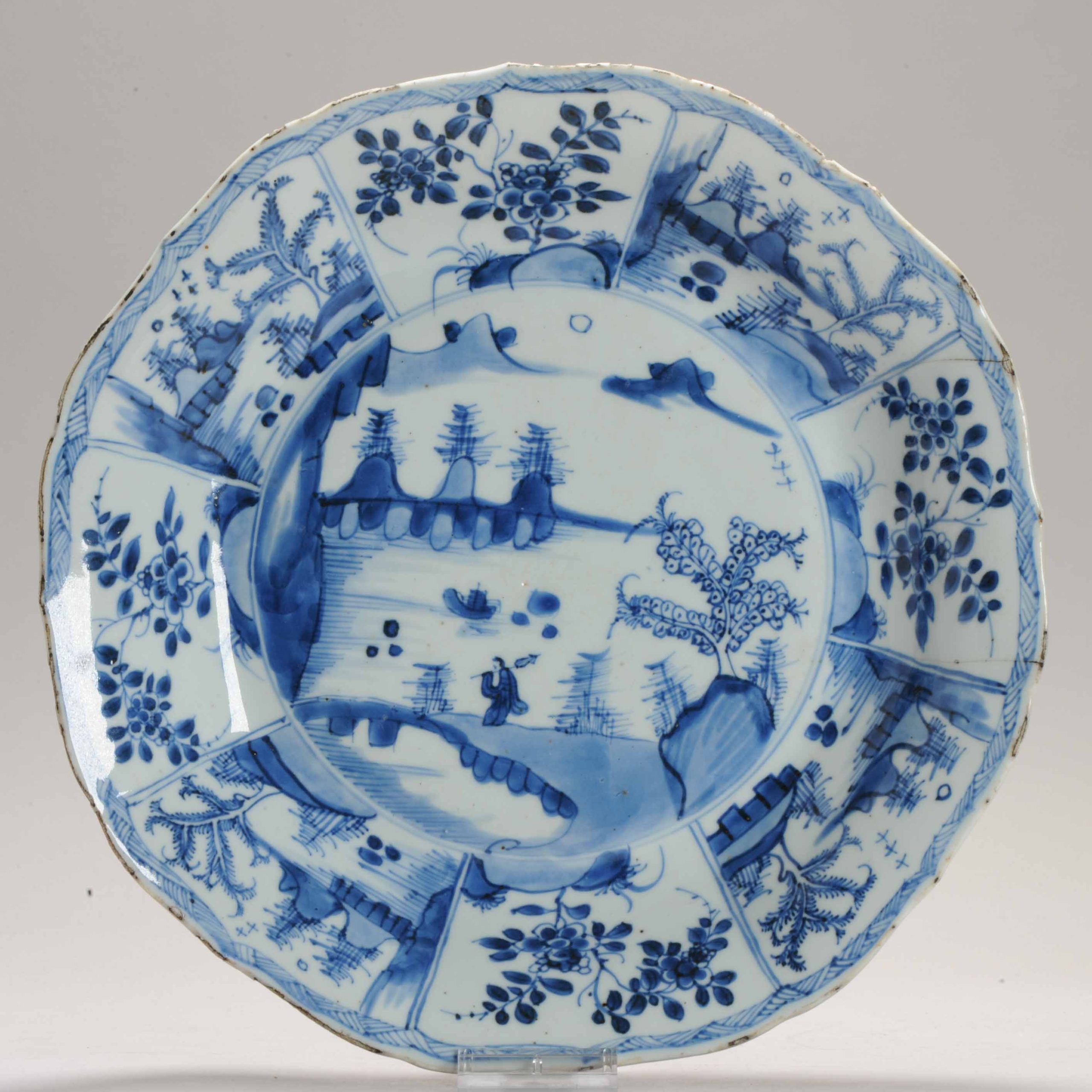 Antique Ca 1700 Chinese Porcelain Kangxi Blue and WHite Plate Xieyi Landscape