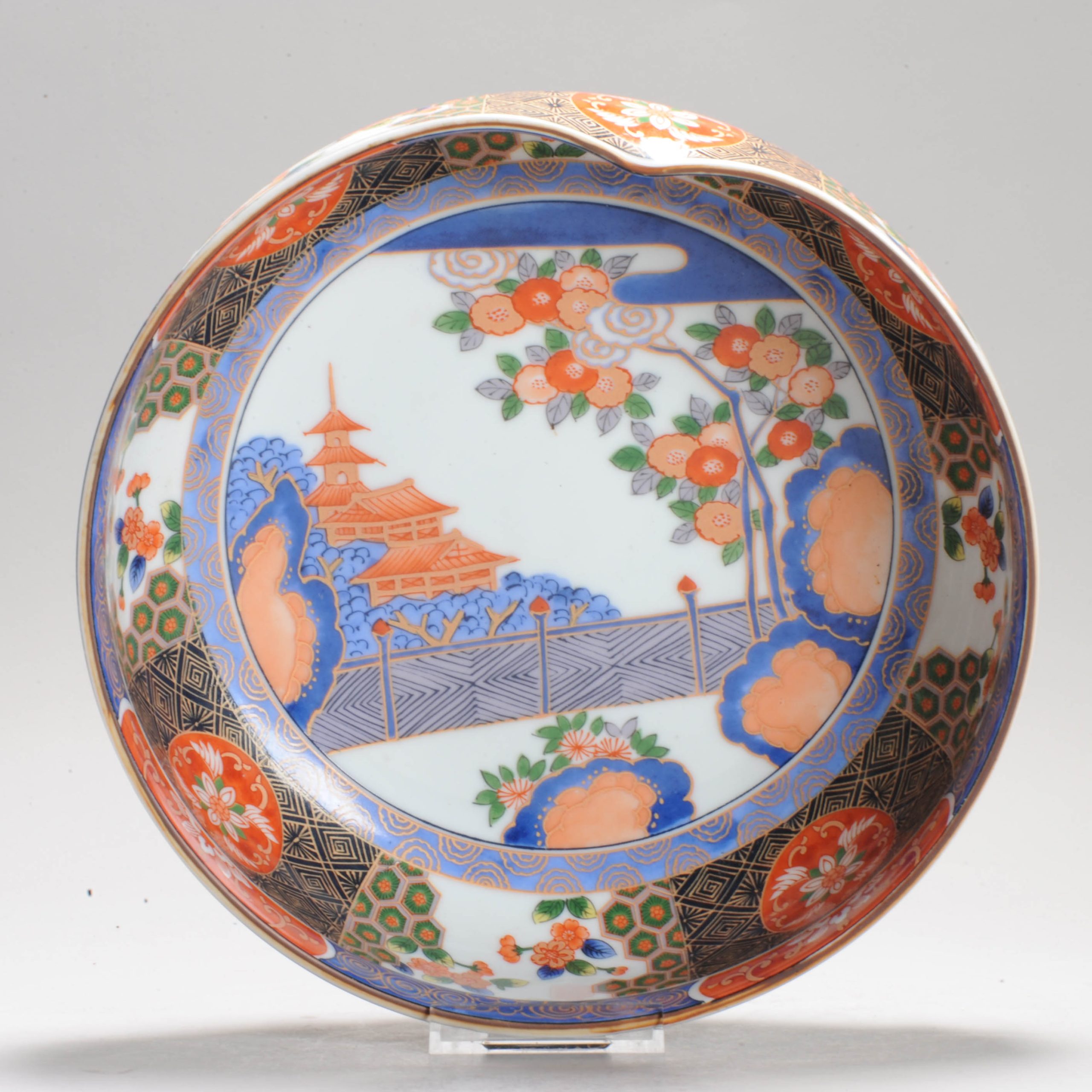 Late 20th or 21st Gold Imari Arita Japanese Bowl Landscape Village Garden