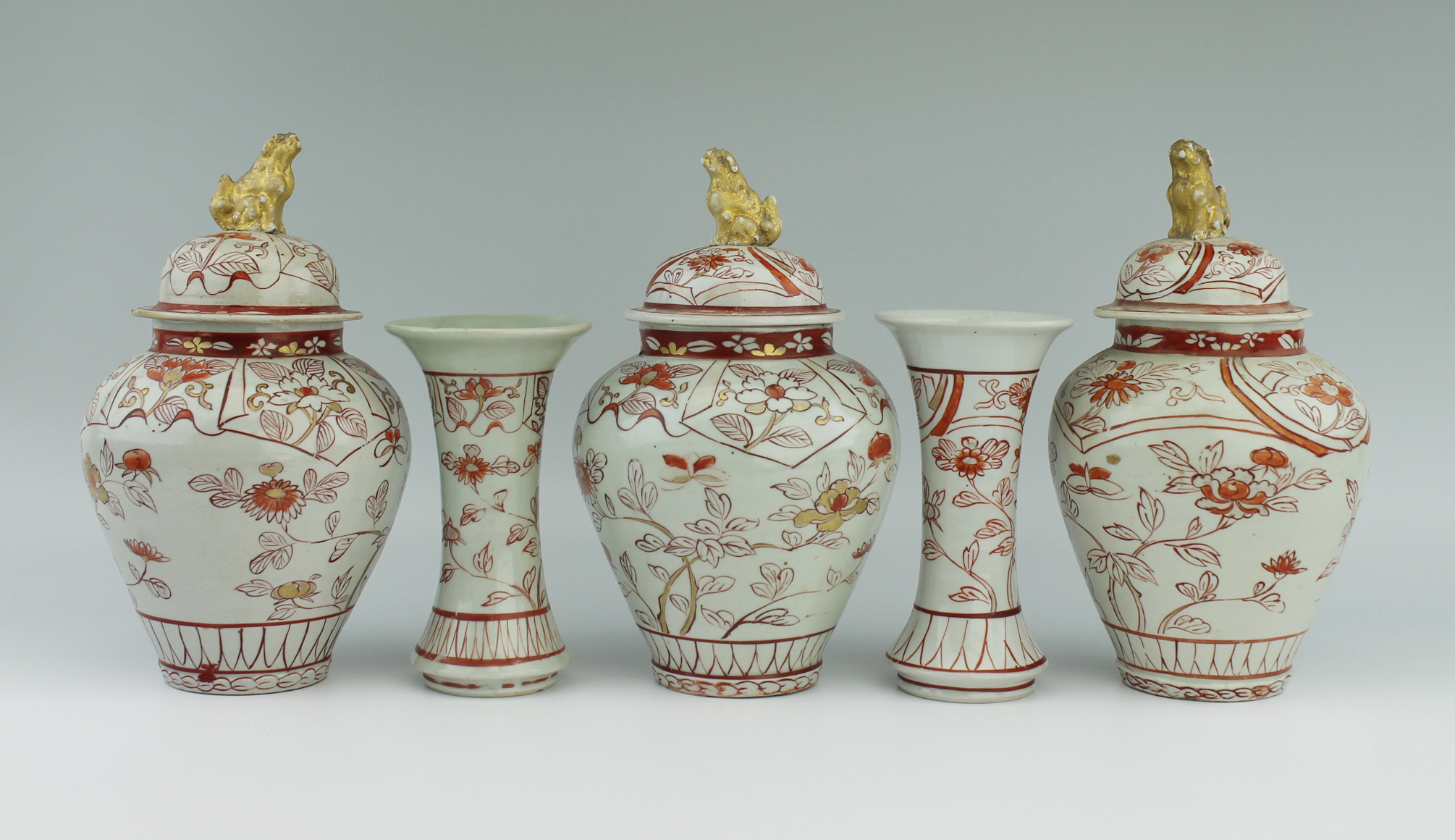 Antique 17th Century Japanese Porcelain Garniture Vases Blood and Milk Edo Period