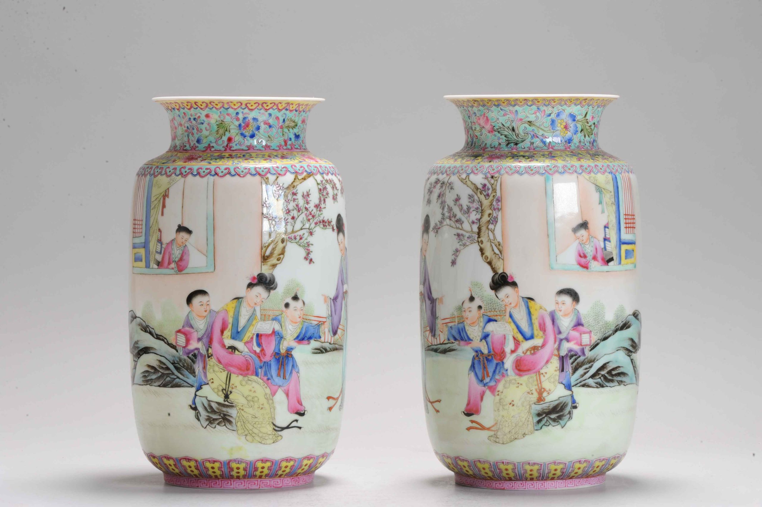 Top Level Chinese porcelain ProC Vases LAdies in Pagoda Qianlong Mark