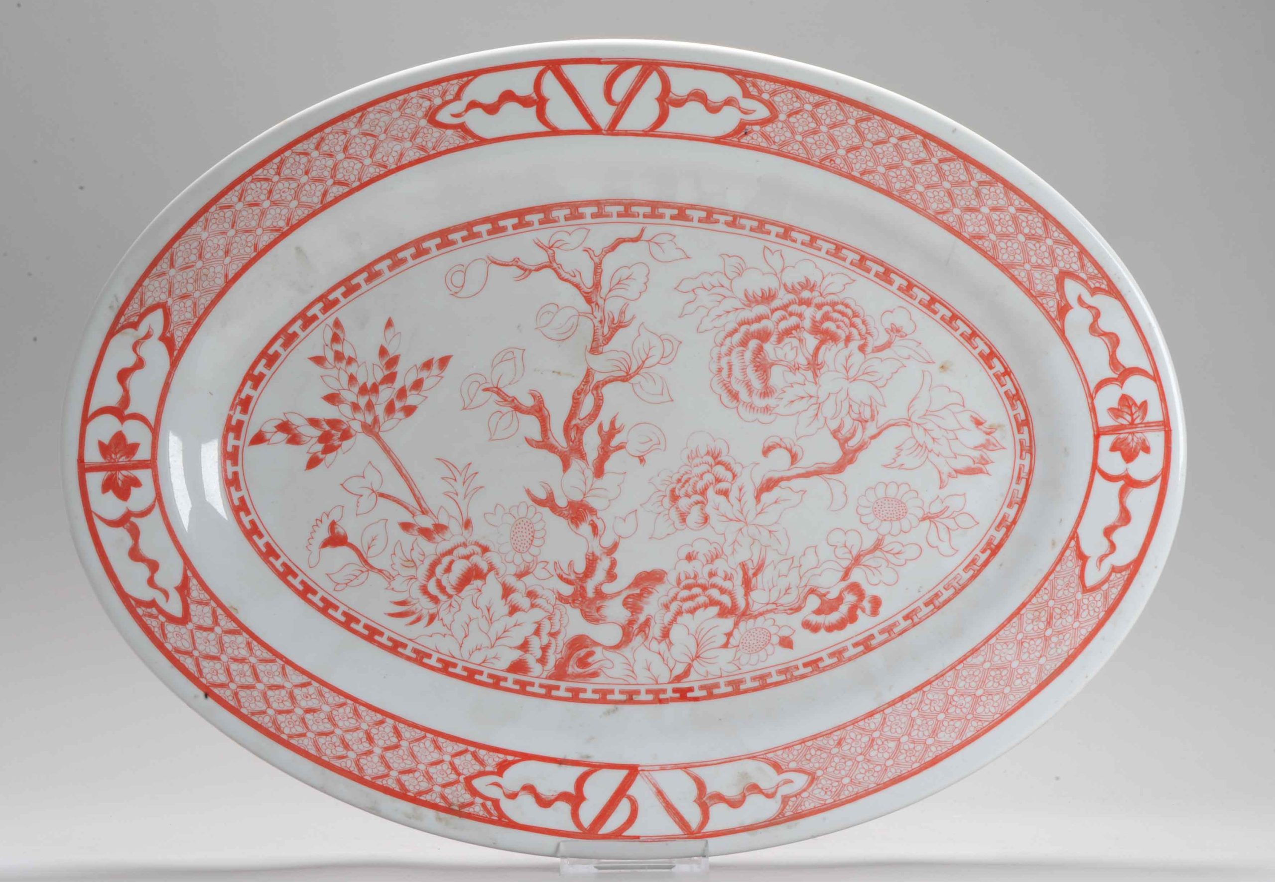 Antique British Chinese Style Blood and Milk Floral Porcelain Serving CHarger