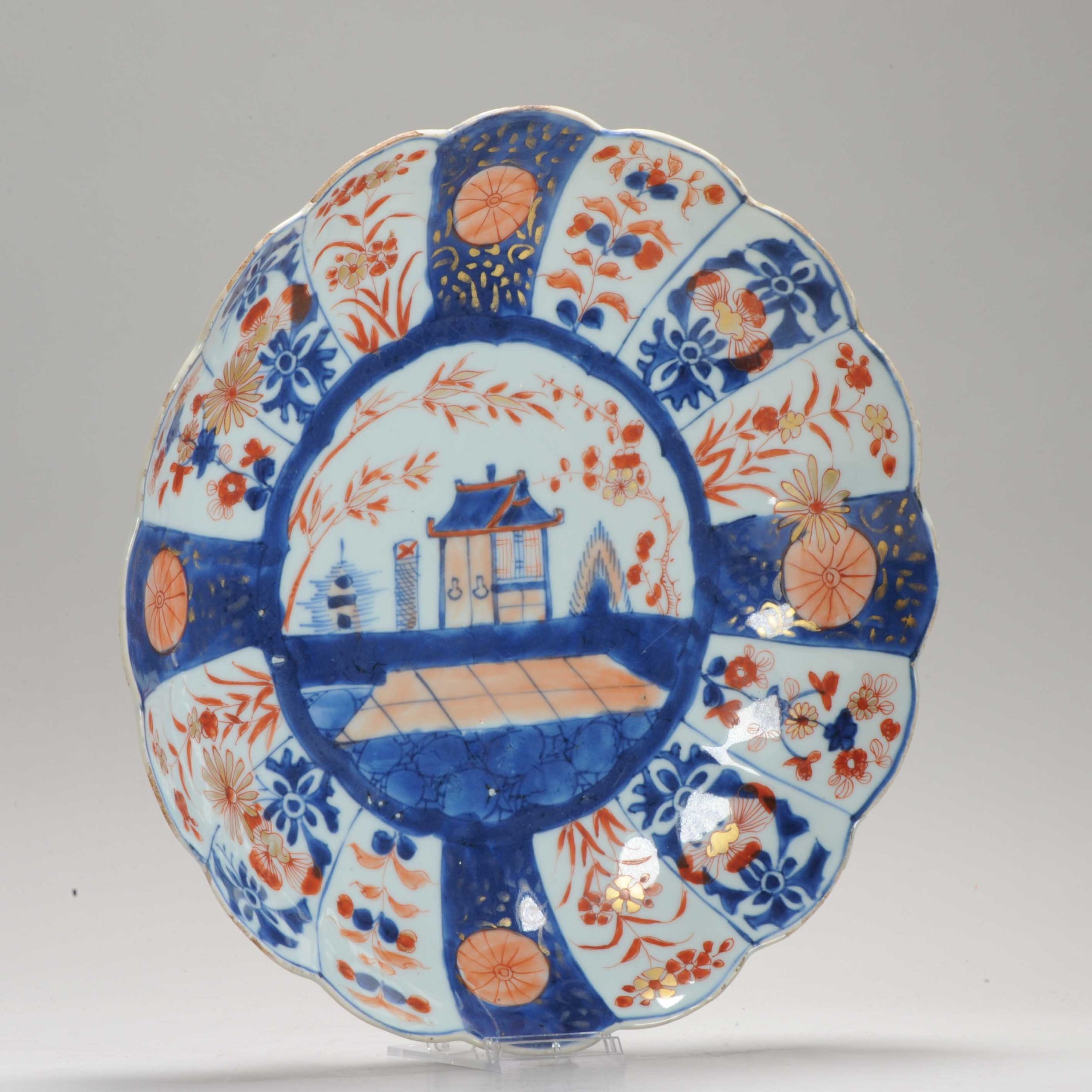 Antique Ca 1700 Chinese Porcelain Kangxi Imari Landscape Plate with blue red border - Image 2