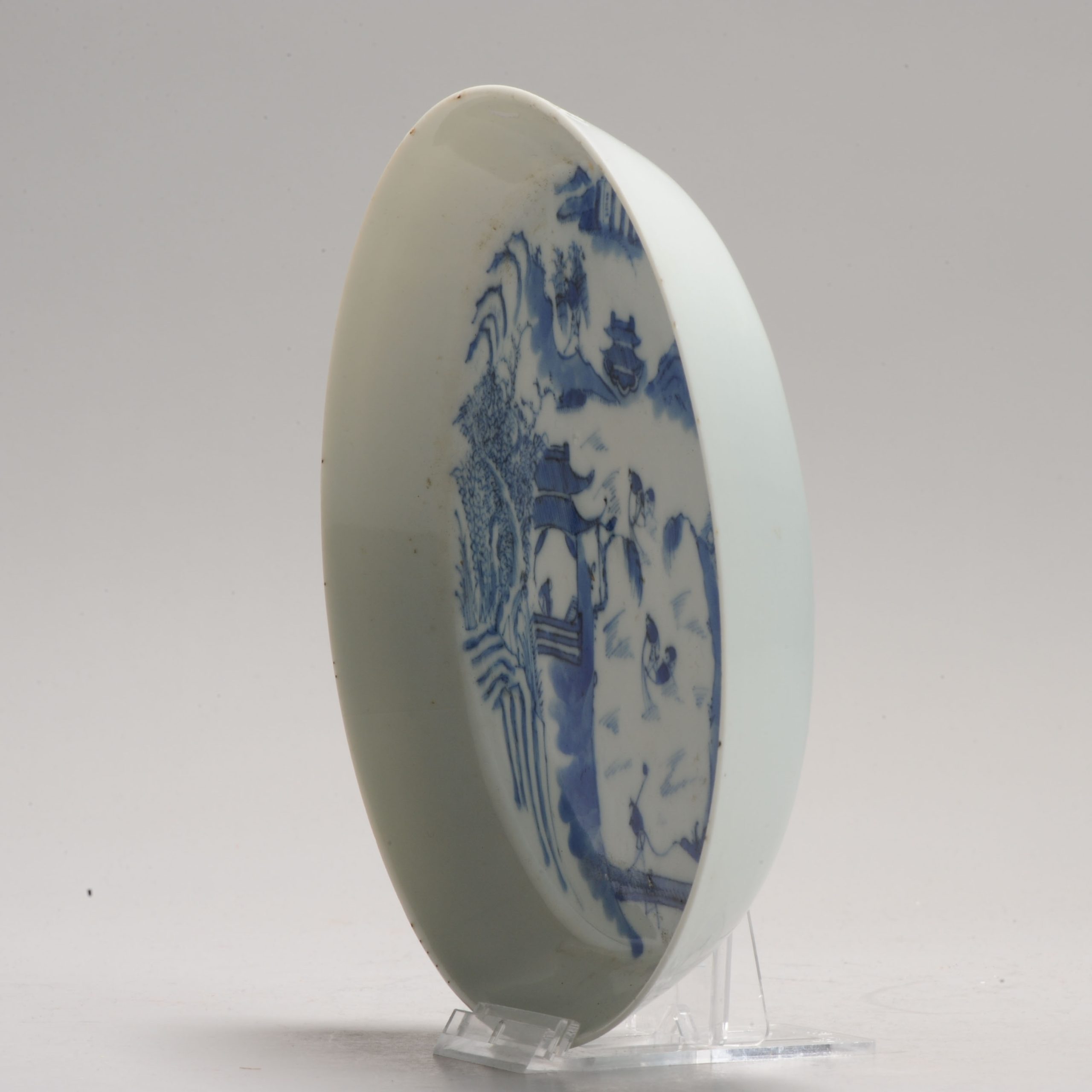 Antique Chinese Porcelain 19C Bleu de Hue Dish Marked Base Landscape - Image 11