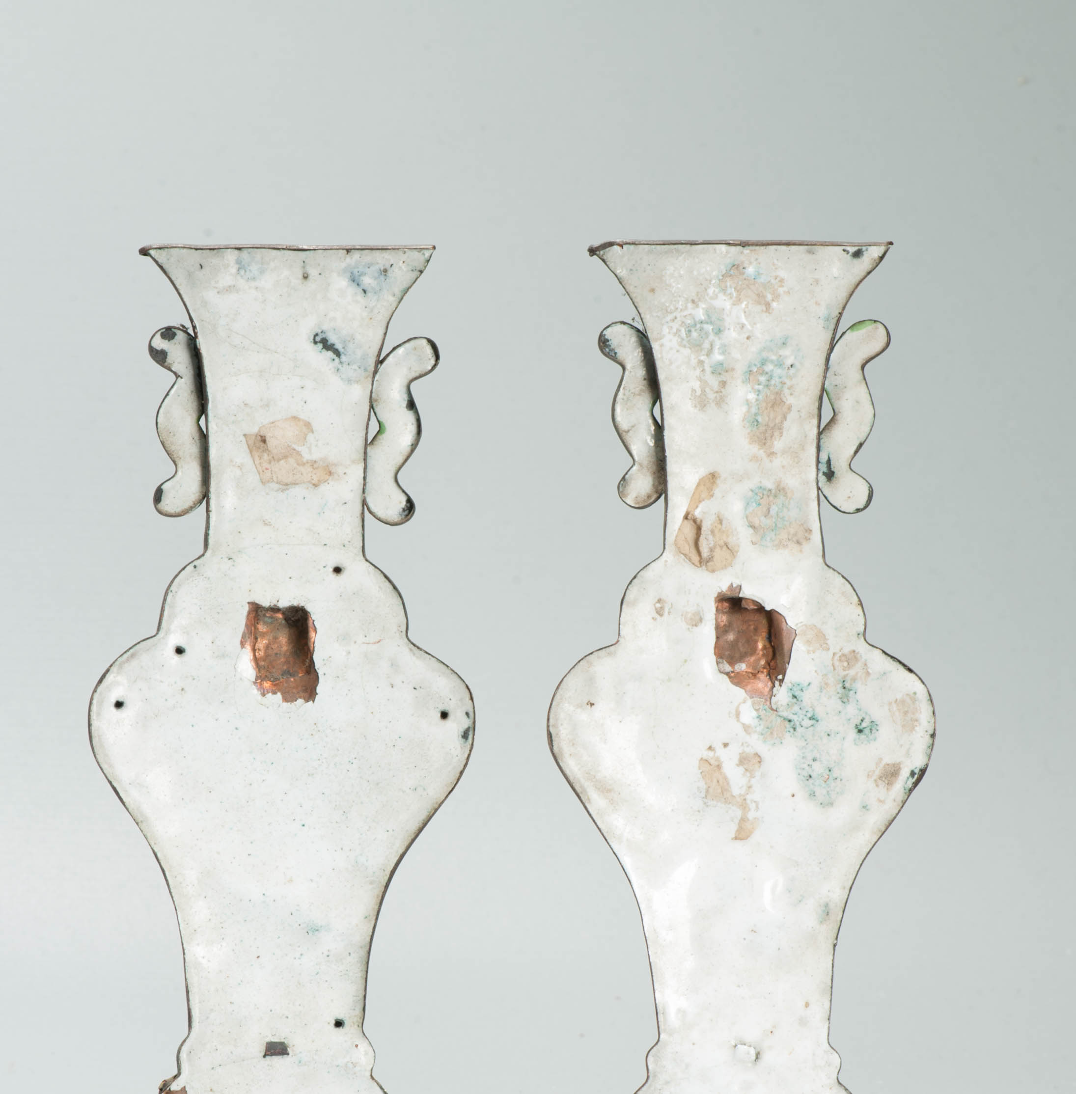 Pair Antique Chinese Canton Enamel Metal Wall Vases Qianlong 18th Century - Image 3