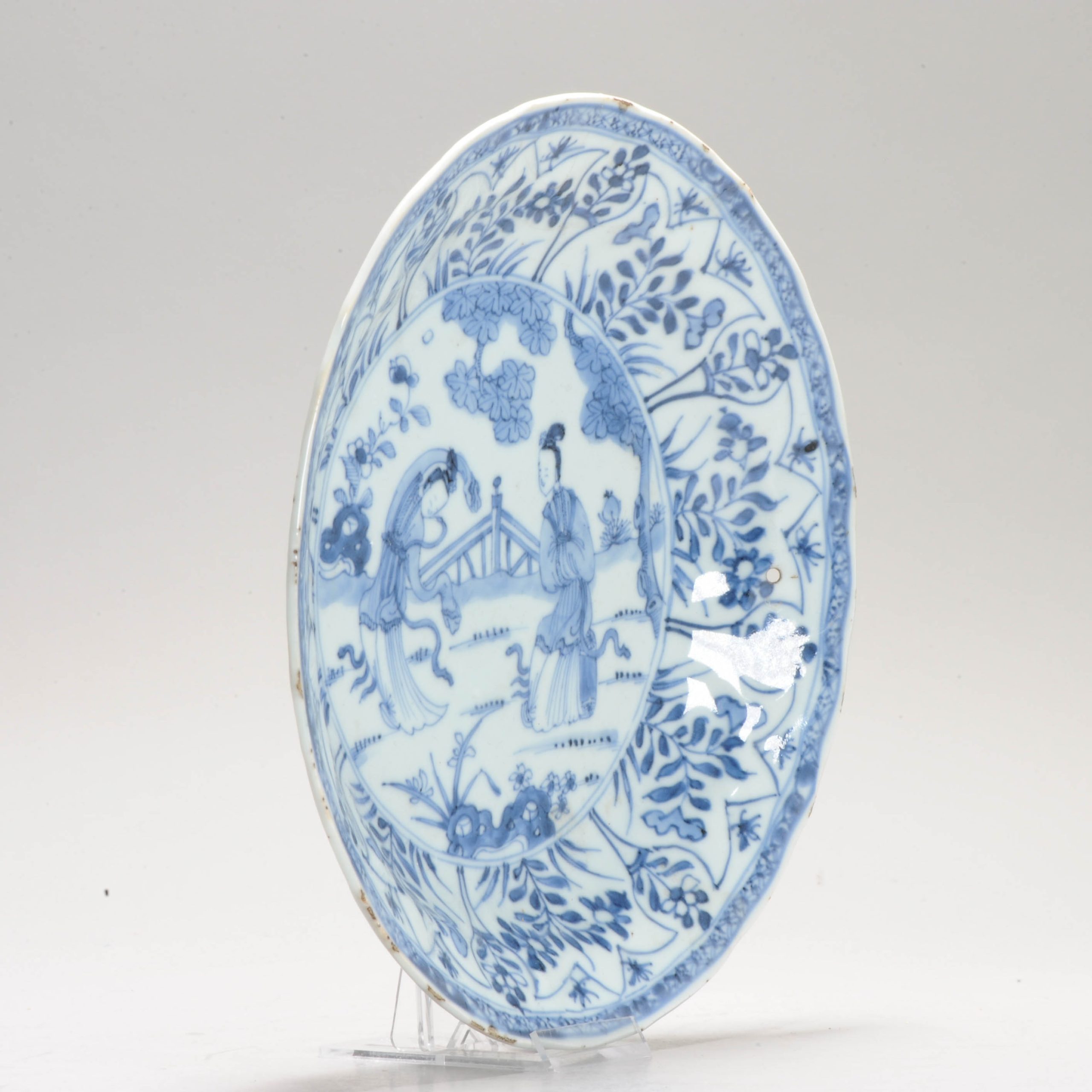 Chinese Kangxi Period Porcelain Moulded Dish Liza Garden Scene Blue White - Image 3