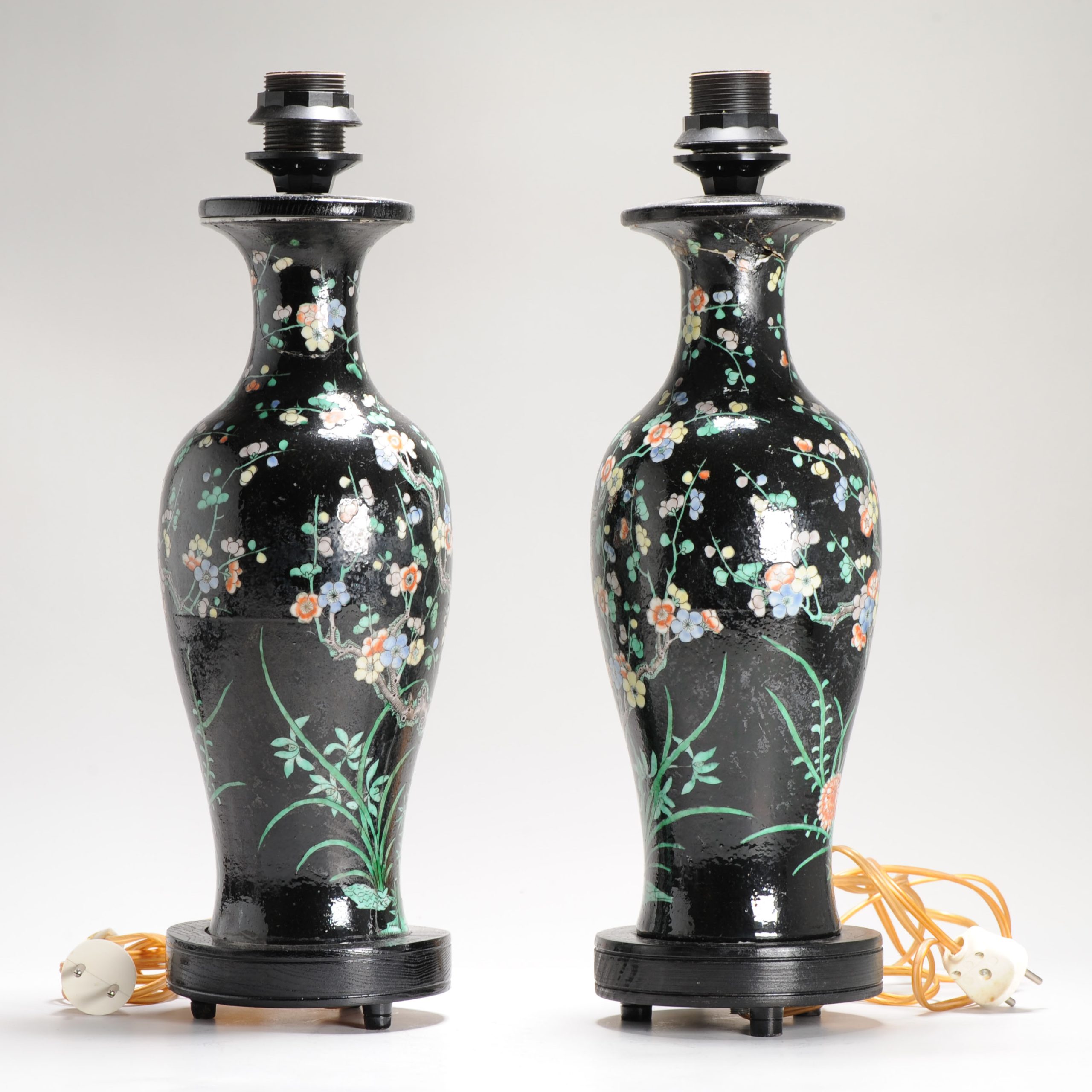 Antique Pair of Chinese Vases Late Qing Dynasty Porcelain Famille Noire Lamps - Image 8