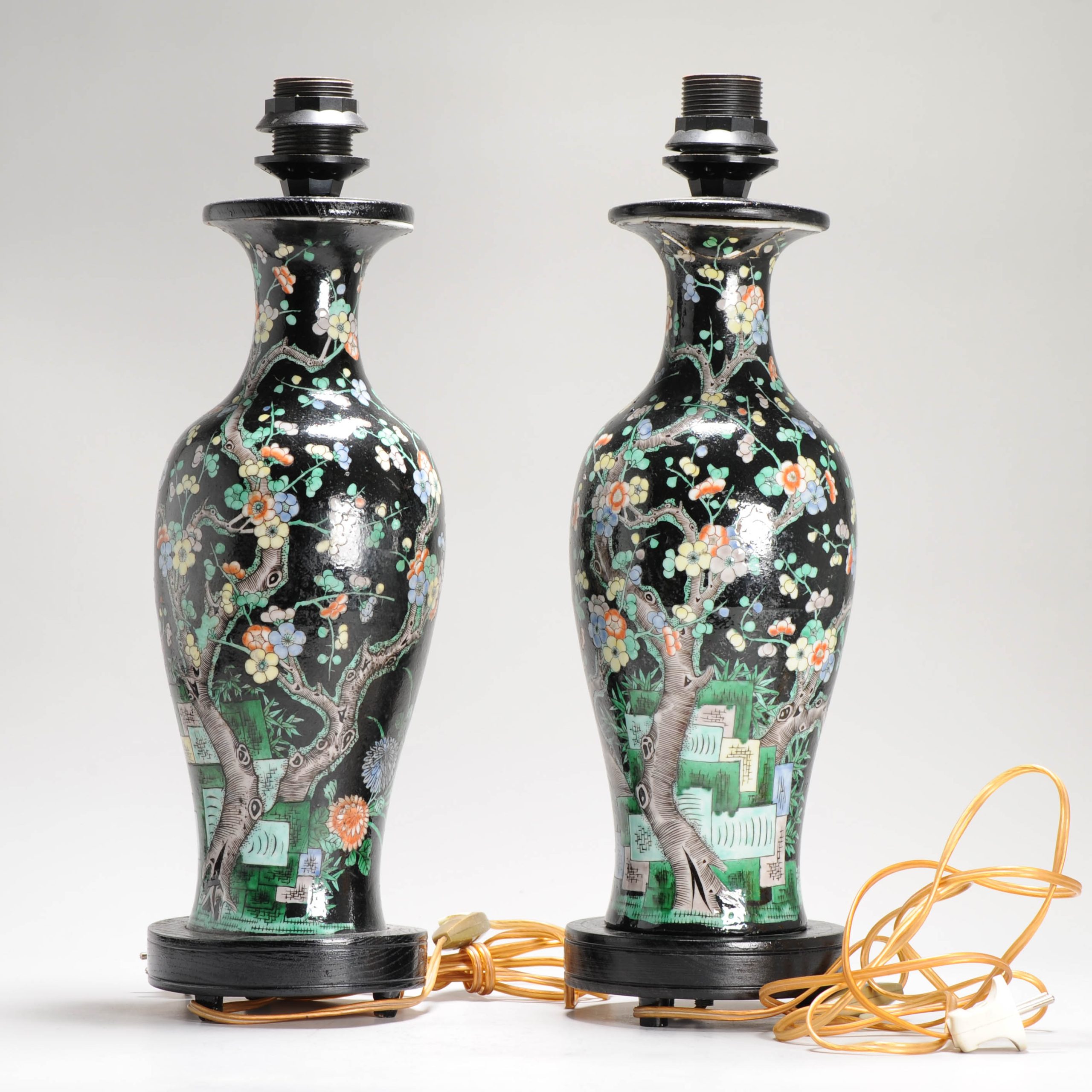 Antique Pair of Chinese Vases Late Qing Dynasty Porcelain Famille Noire Lamps - Image 3