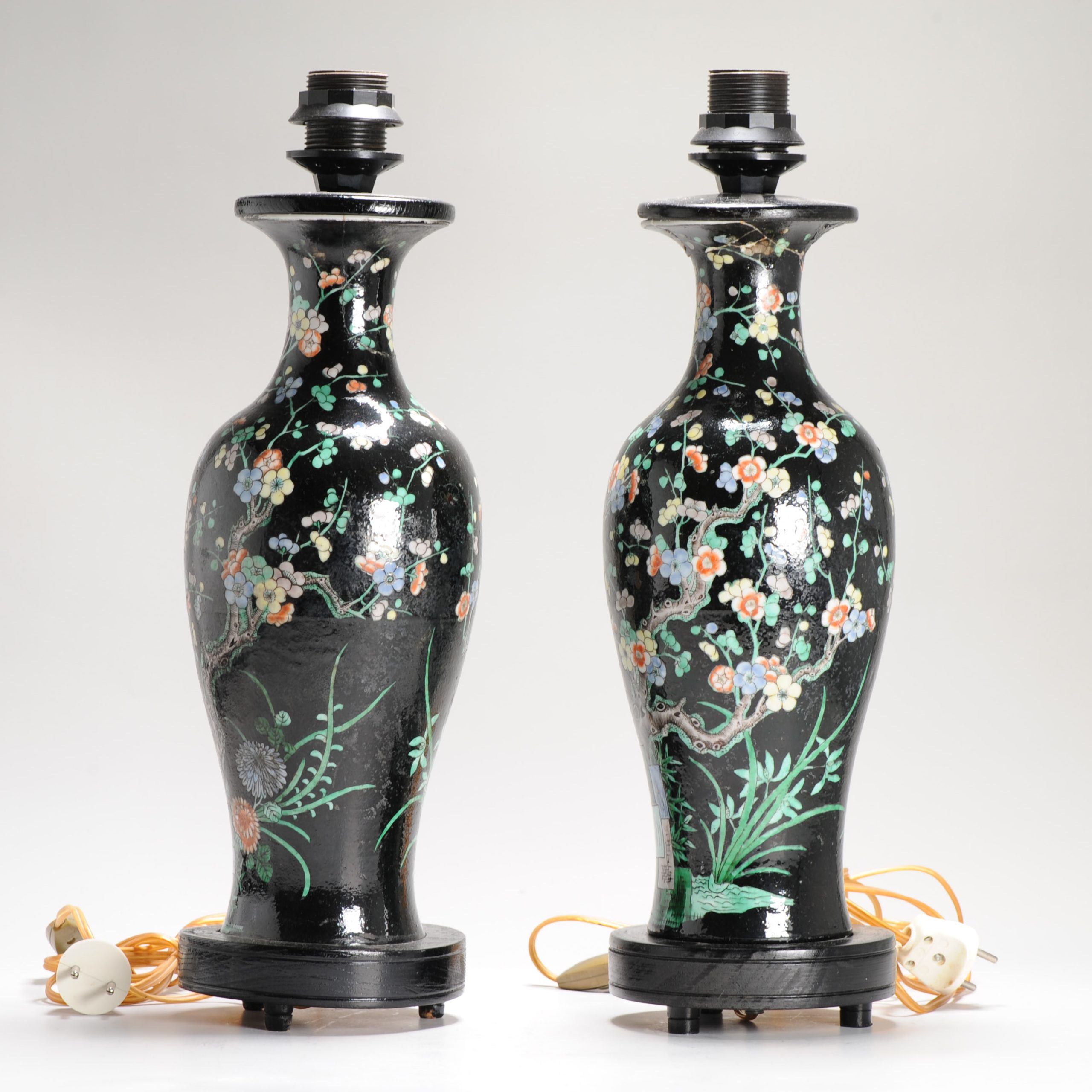 Antique Pair of Chinese Vases Late Qing Dynasty Porcelain Famille Noire Lamps - Image 10