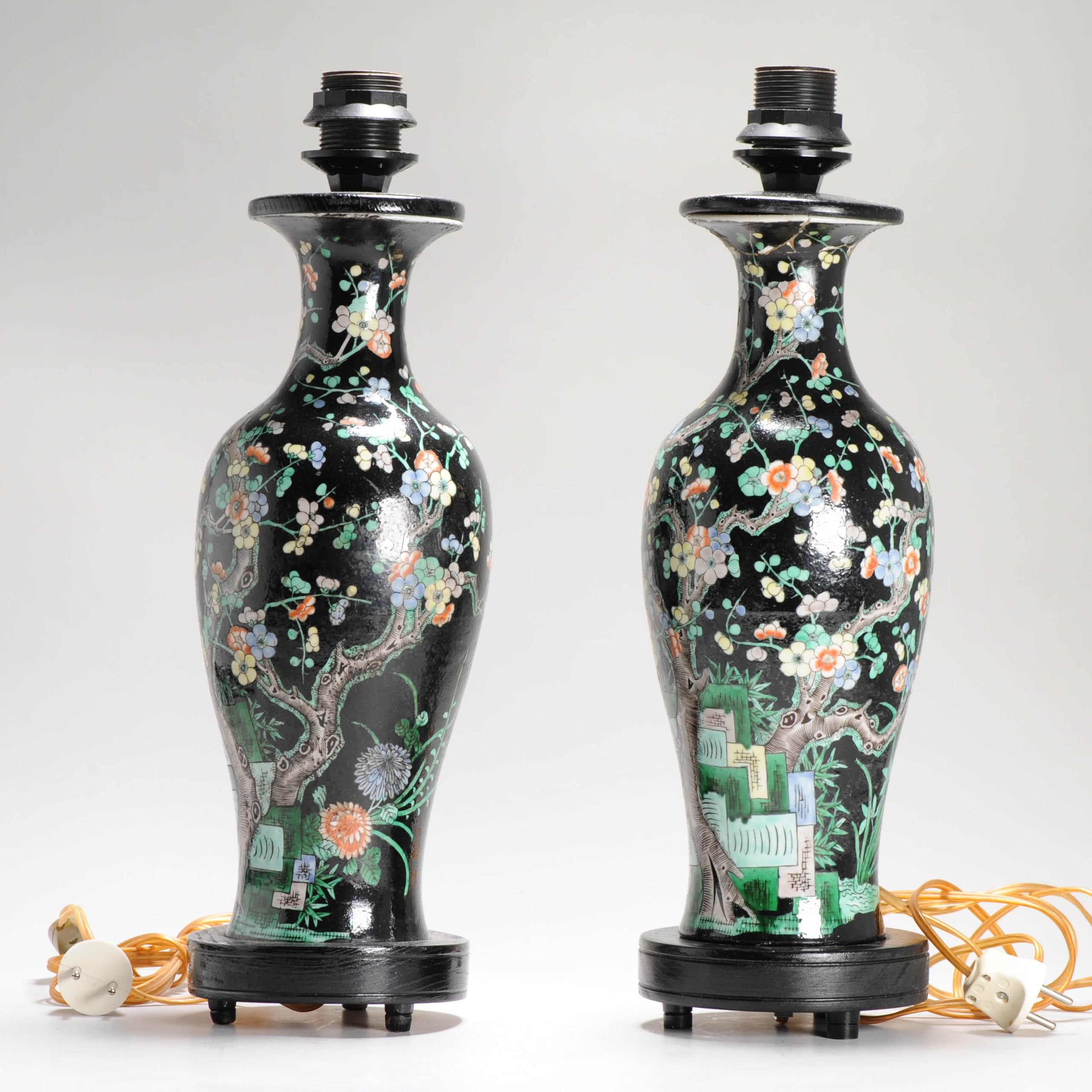 Antique Pair of Chinese Vases Late Qing Dynasty Porcelain Famille Noire Lamps - Image 12