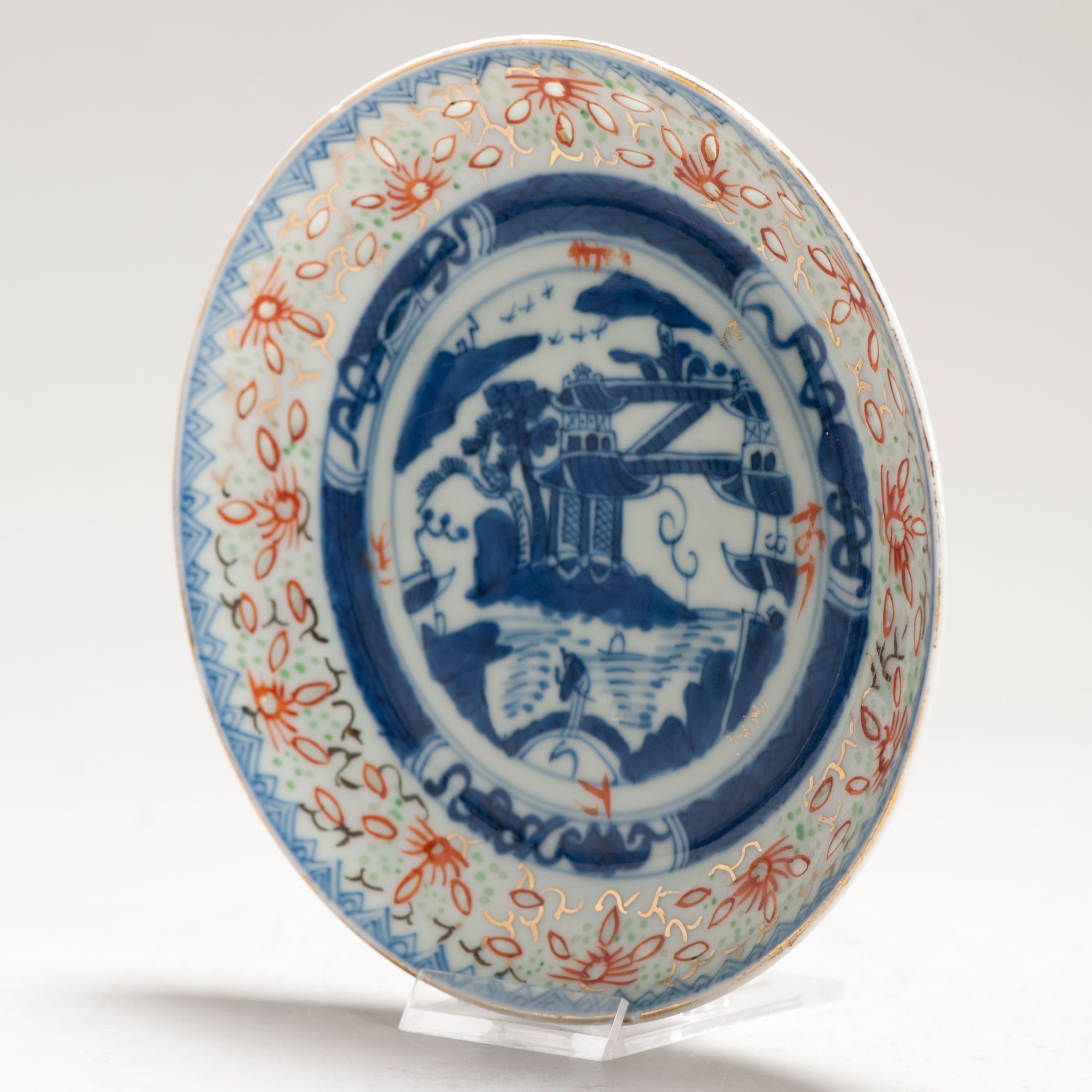 Antique Dish ca 1900 Rice Grain Chinese Porcelain Blue and White Enamel Landscape - Image 4