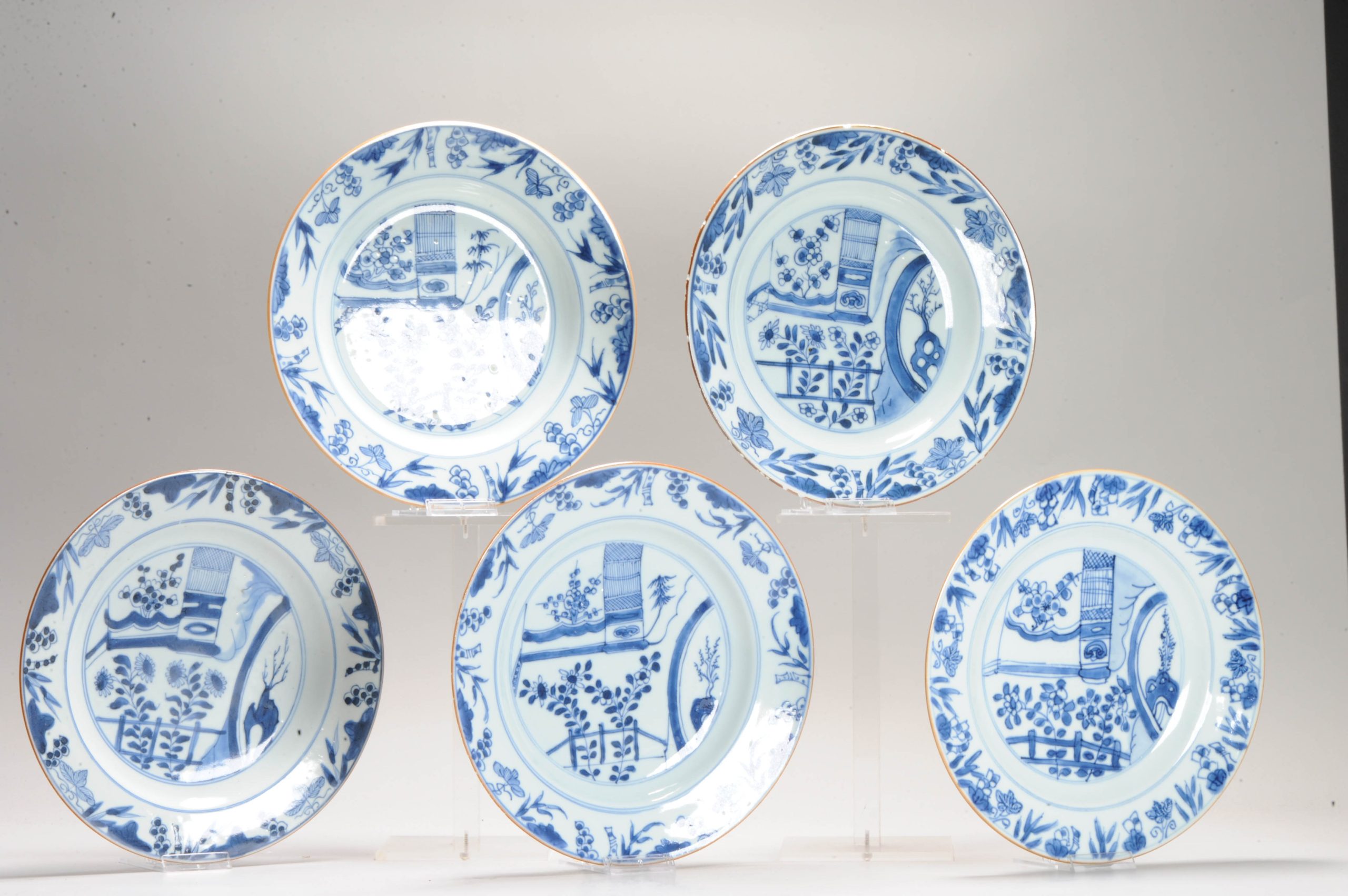 #5 Antique Chinese Porcelain 18th C Kangxi Blue White Set Dinner Plates Pagode