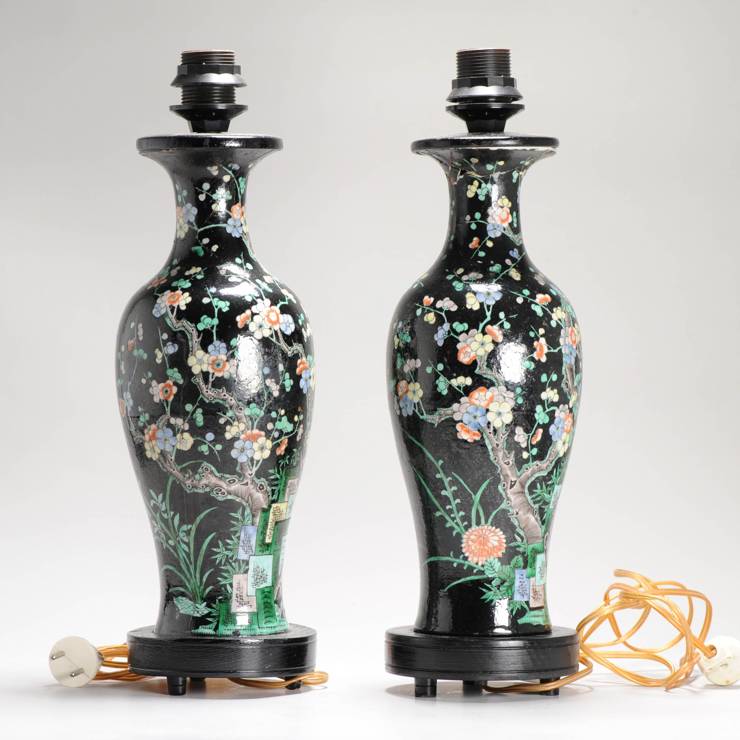 Antique Pair of Chinese Vases Late Qing Dynasty Porcelain Famille Noire Lamps - Image 6