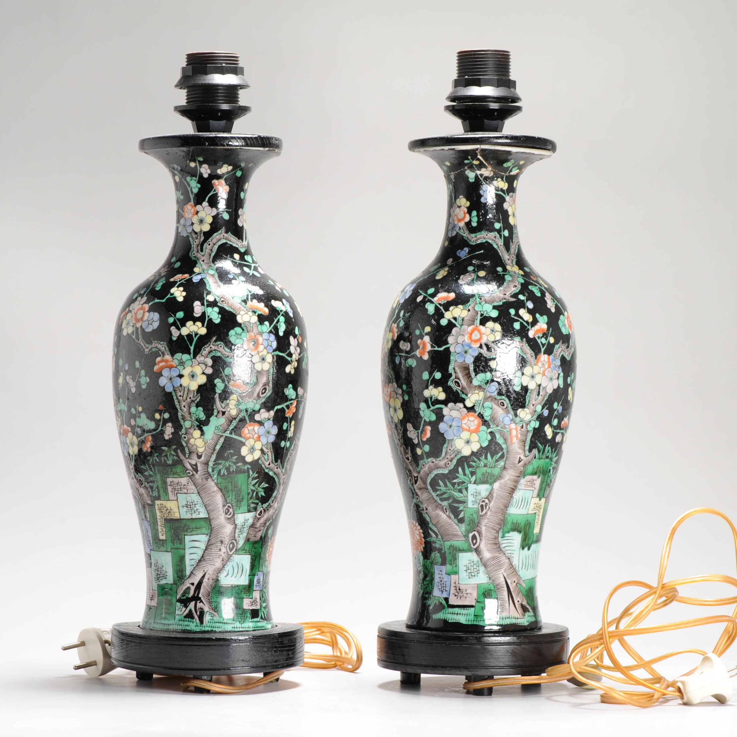 Antique Pair of Chinese Vases Late Qing Dynasty Porcelain Famille Noire Lamps - Image 4