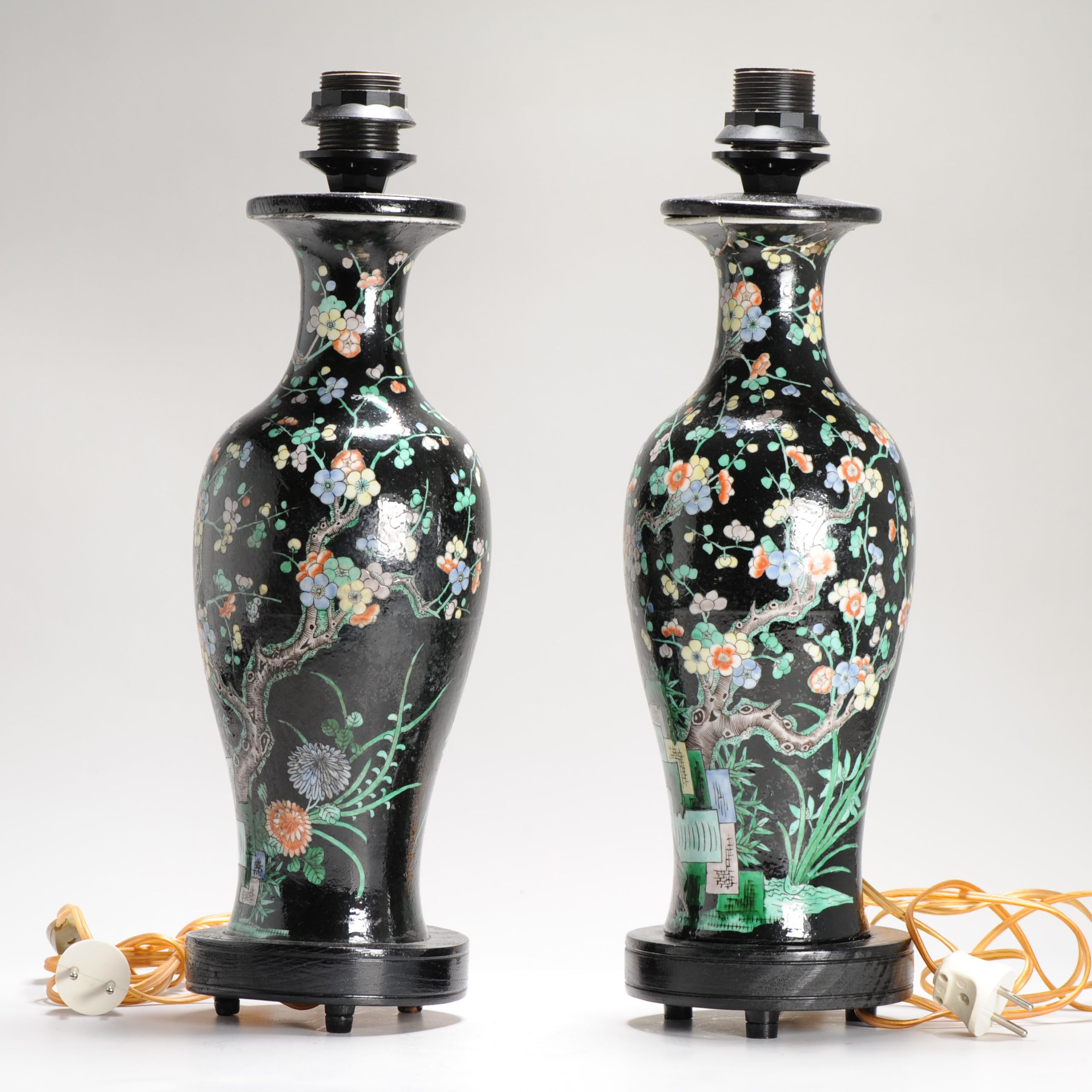 Antique Pair of Chinese Vases Late Qing Dynasty Porcelain Famille Noire Lamps - Image 11