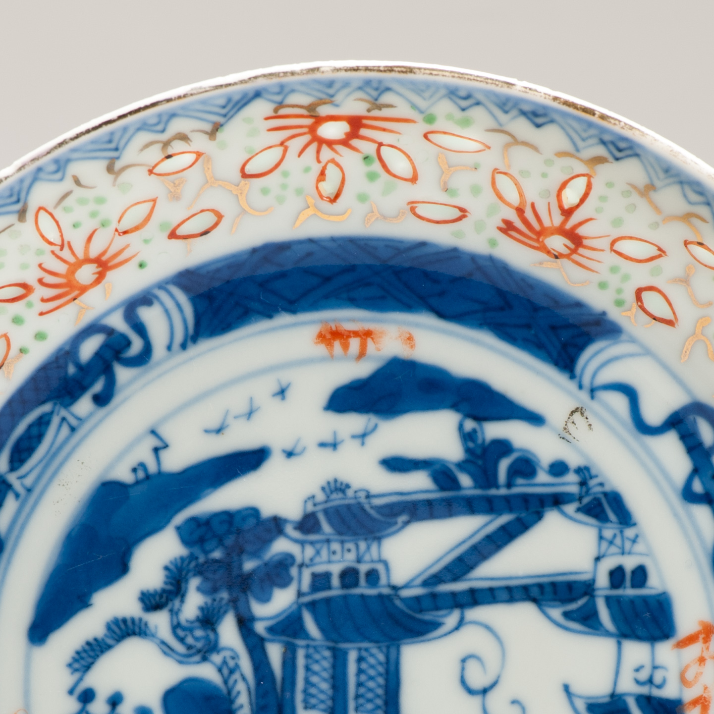 Antique Dish ca 1900 Rice Grain Chinese Porcelain Blue and White Enamel Landscape - Image 2