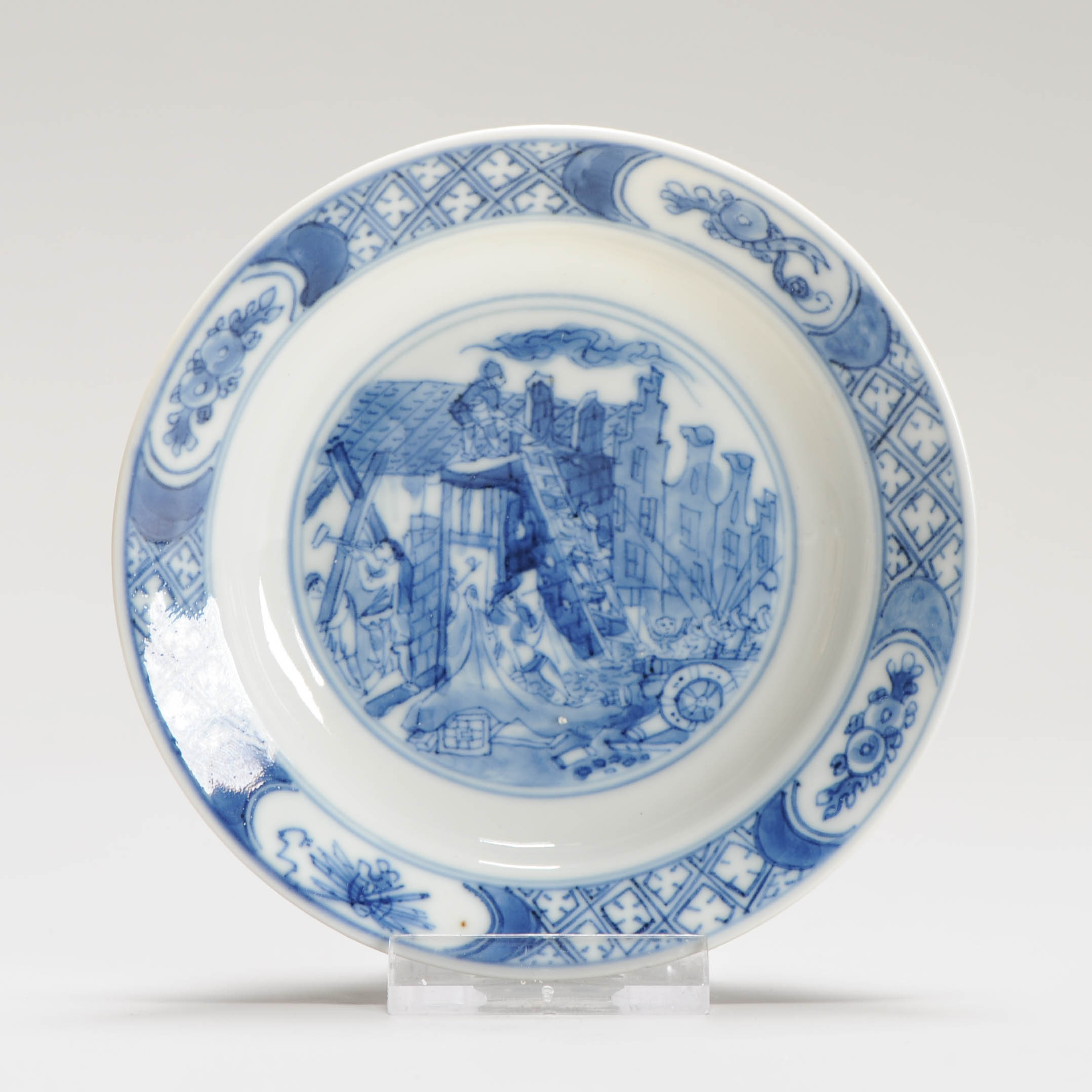 Chinese Ca 1690 Kangxi Porcelain Dish Riot of Rotterdam/Kostermann Blue White Yu Marked