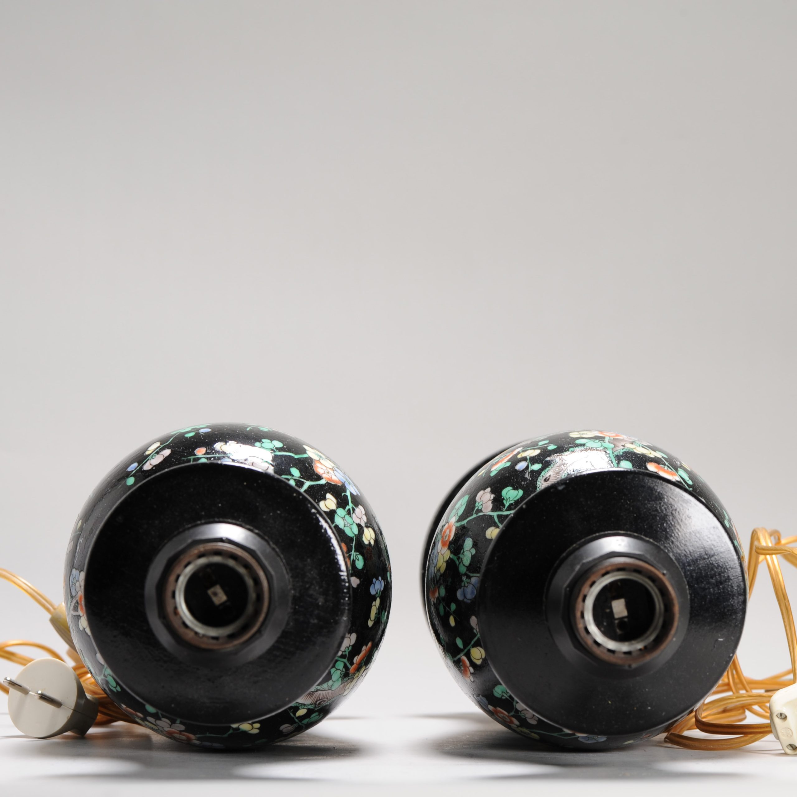 Antique Pair of Chinese Vases Late Qing Dynasty Porcelain Famille Noire Lamps - Image 13