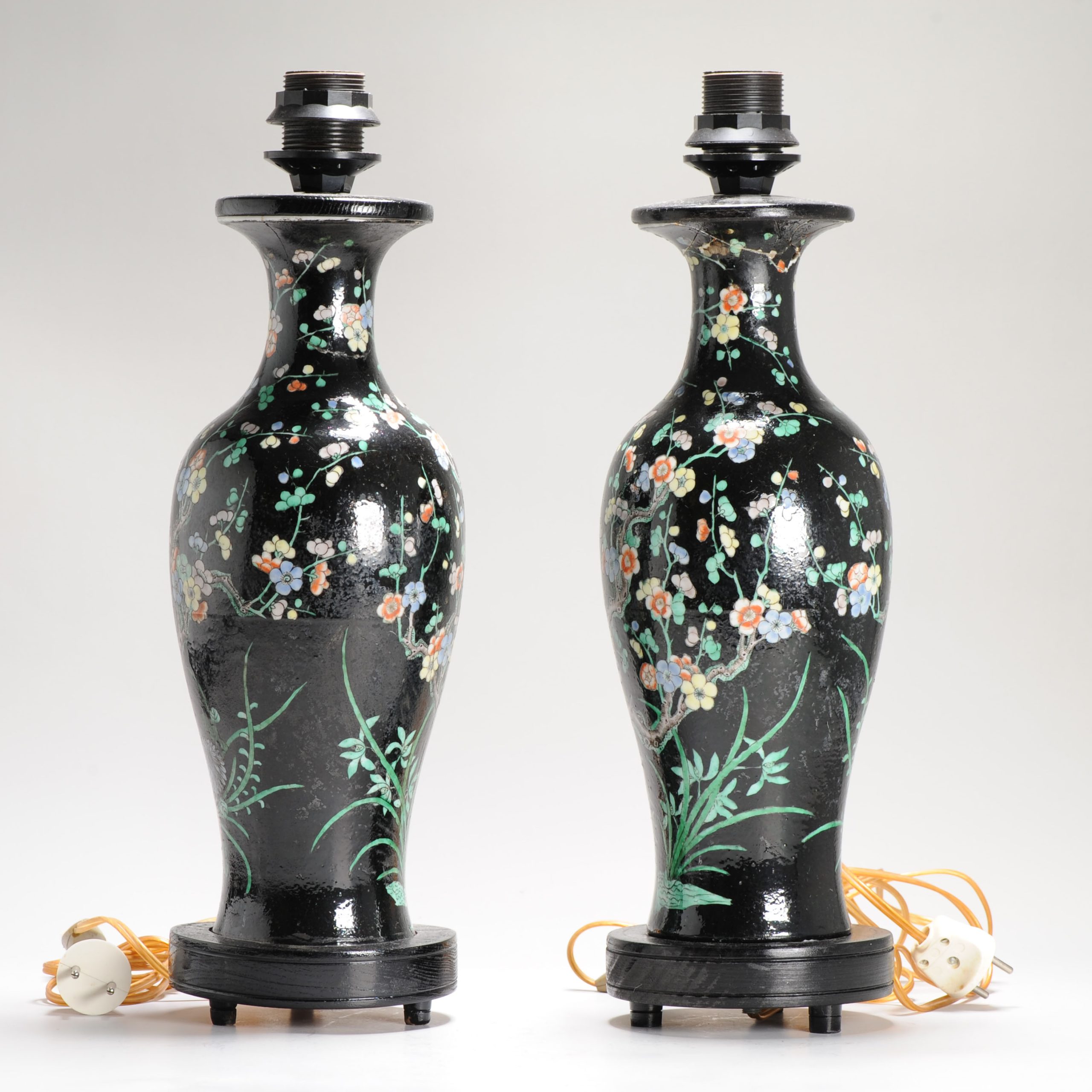 Antique Pair of Chinese Vases Late Qing Dynasty Porcelain Famille Noire Lamps - Image 9