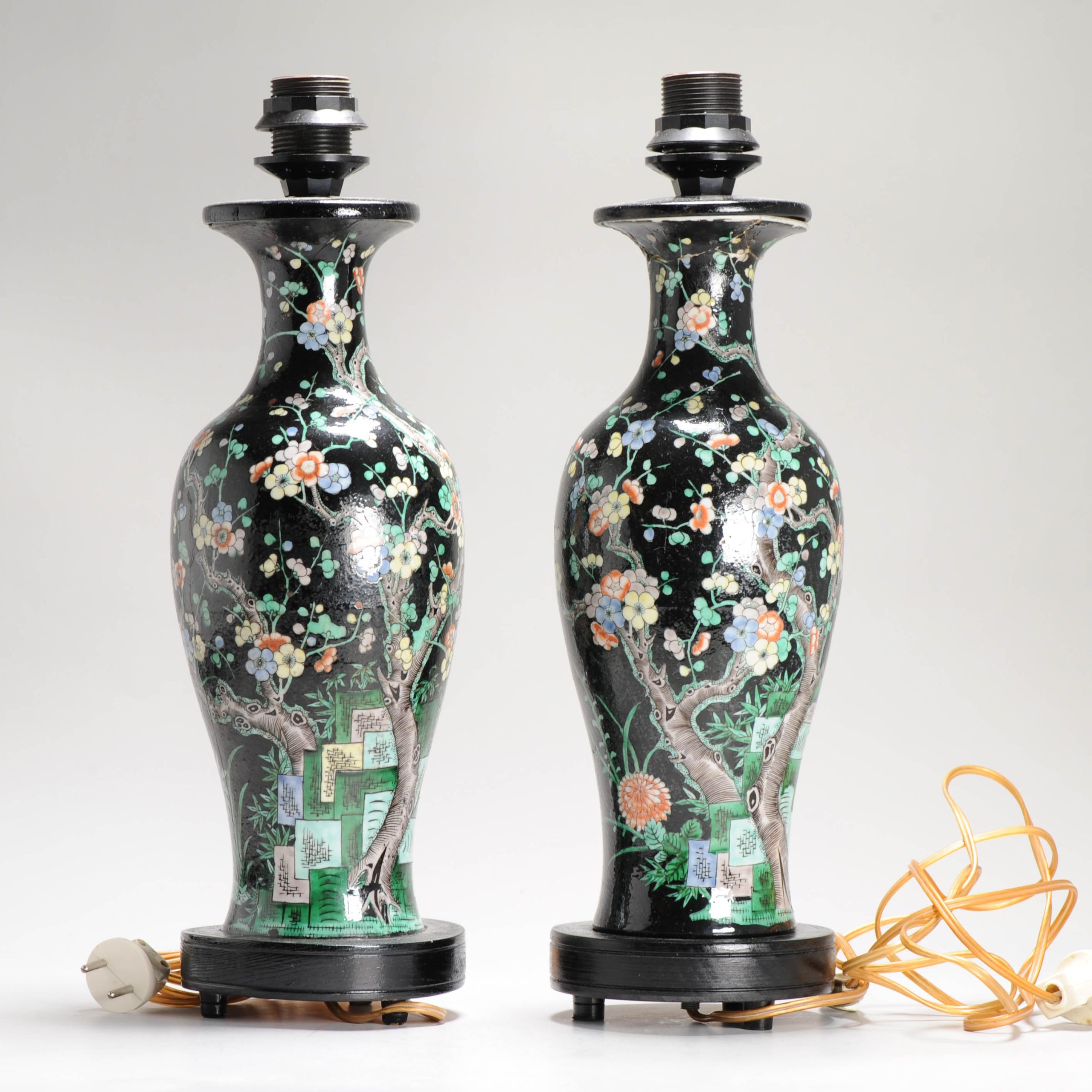 Antique Pair of Chinese Vases Late Qing Dynasty Porcelain Famille Noire Lamps - Image 5