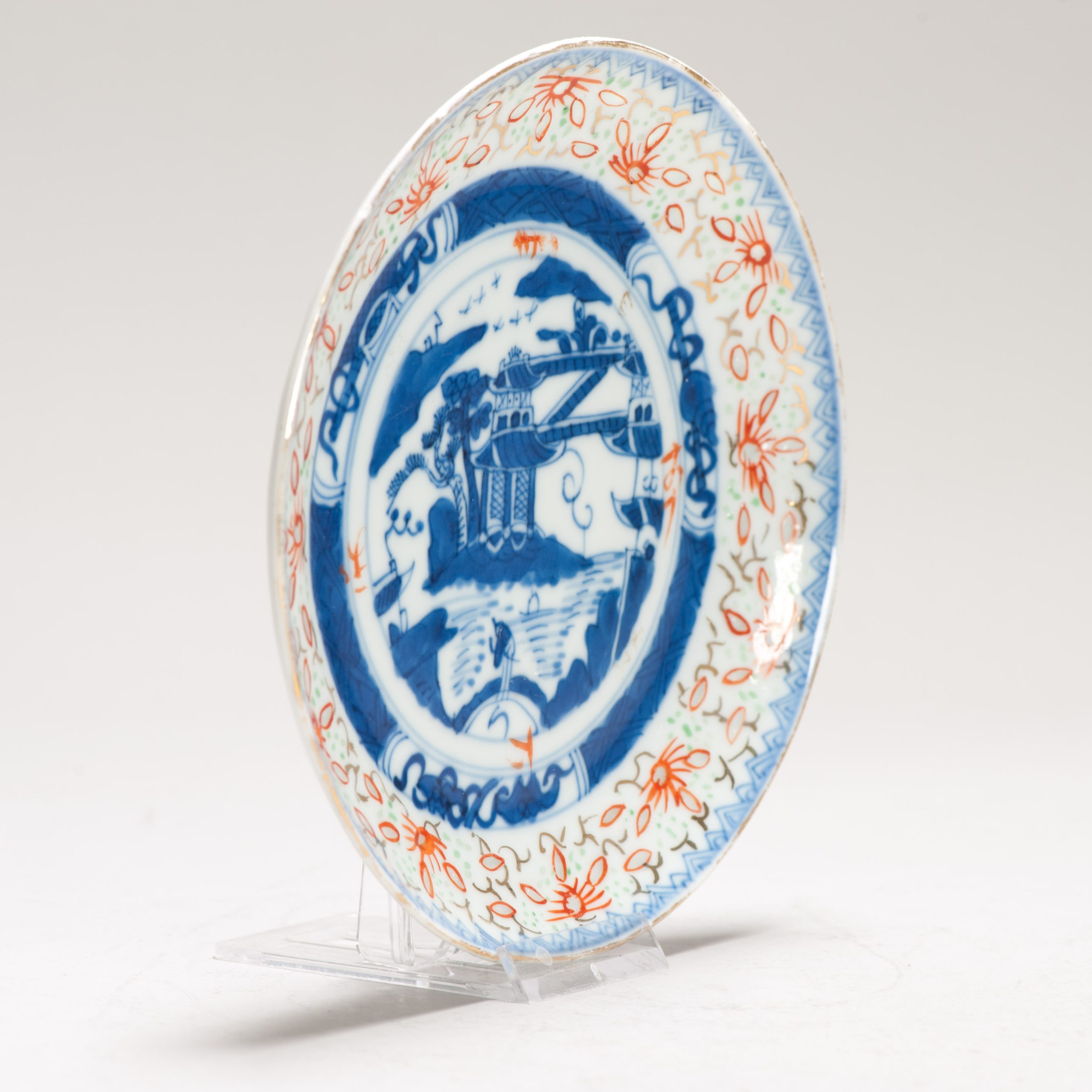 Antique Dish ca 1900 Rice Grain Chinese Porcelain Blue and White Enamel Landscape - Image 13