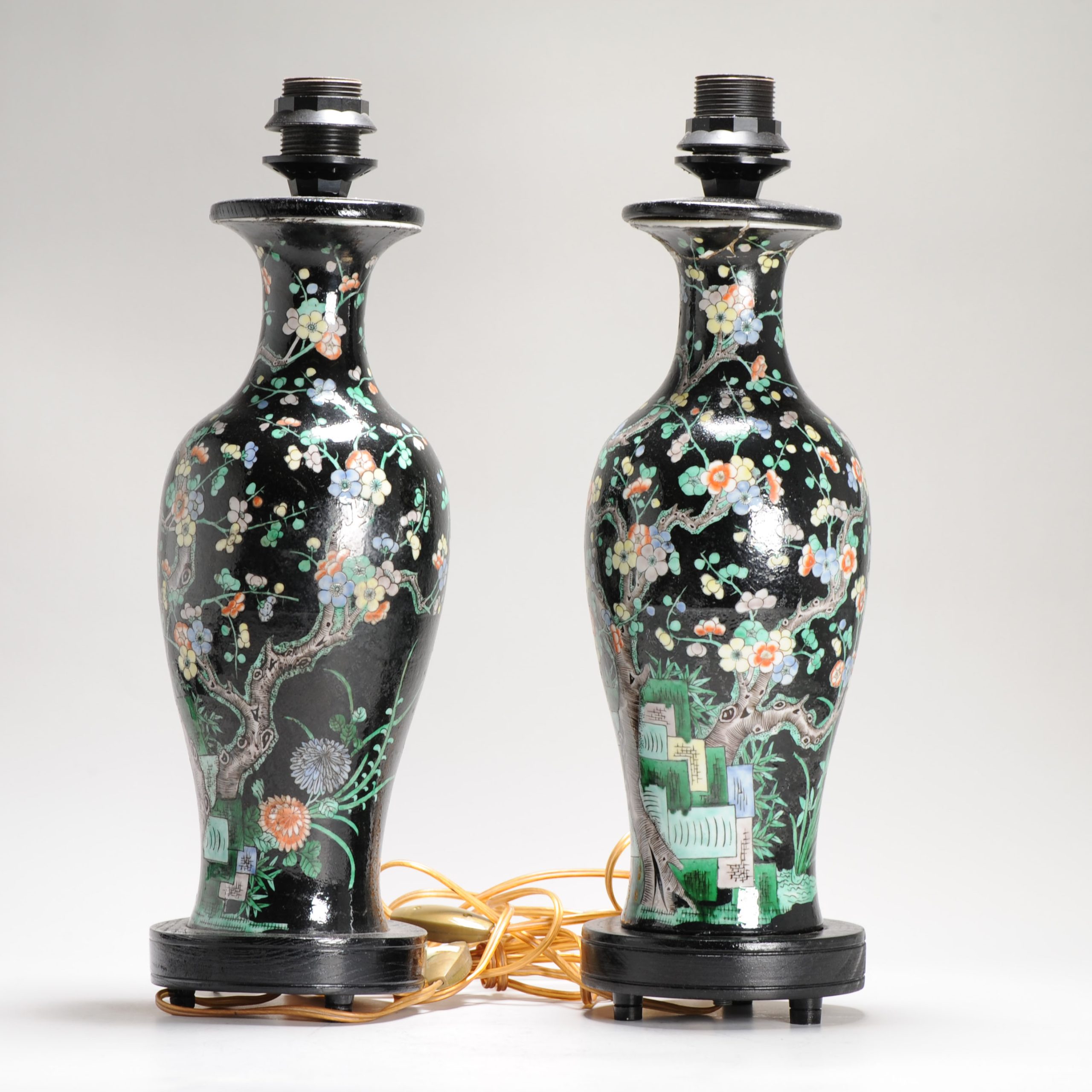 Antique Pair of Chinese Vases Late Qing Dynasty Porcelain Famille Noire Lamps - Image 2
