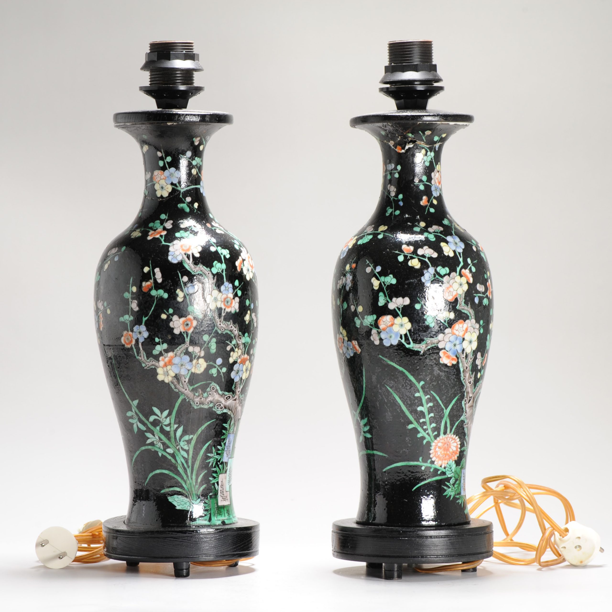 Antique Pair of Chinese Vases Late Qing Dynasty Porcelain Famille Noire Lamps - Image 7