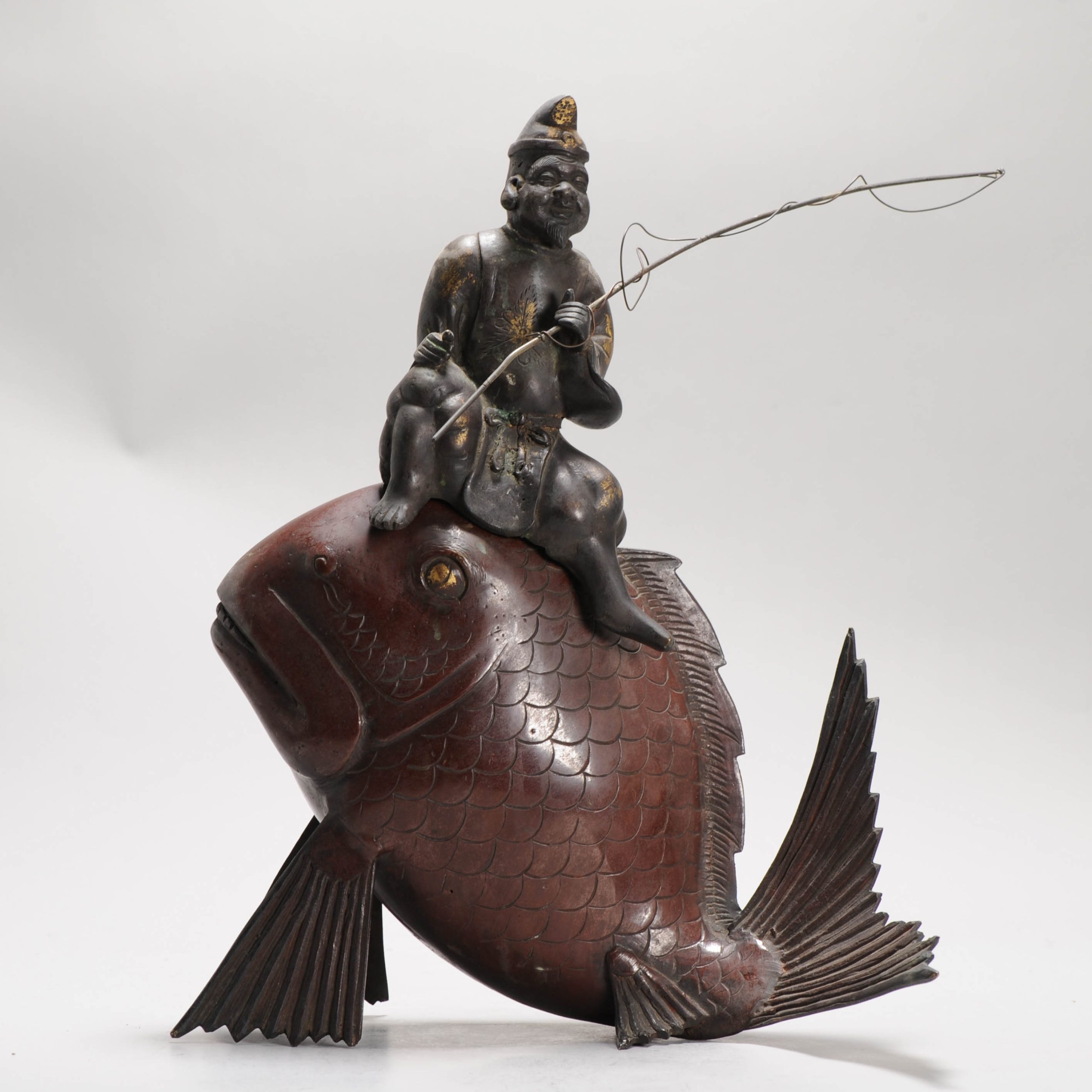 Antique Japanese Bronze / copper Statue Incense Burner Fisherman on a fish
