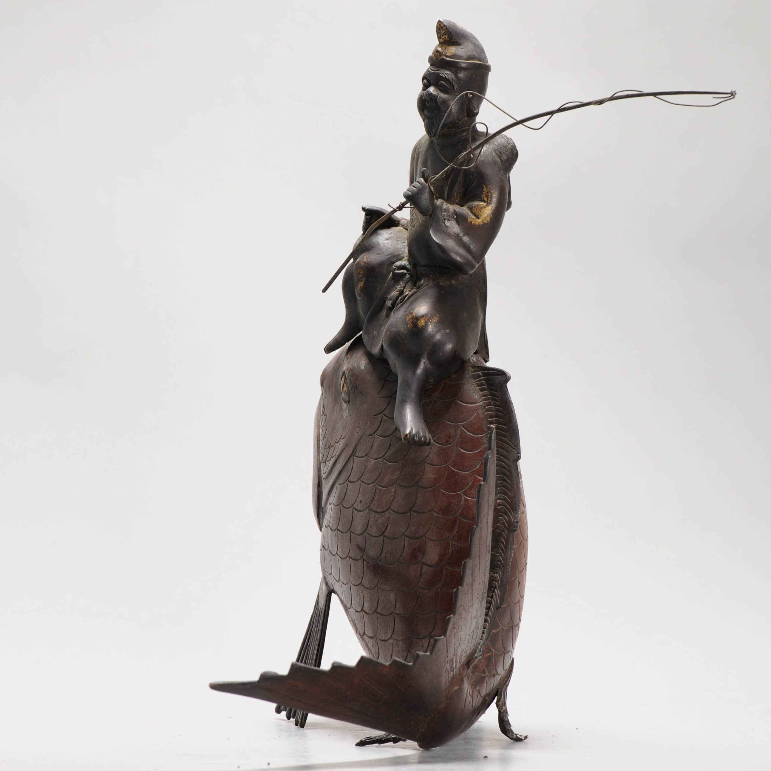 Antique Japanese Bronze / copper Statue Incense Burner Fisherman on a fish - 图片 10