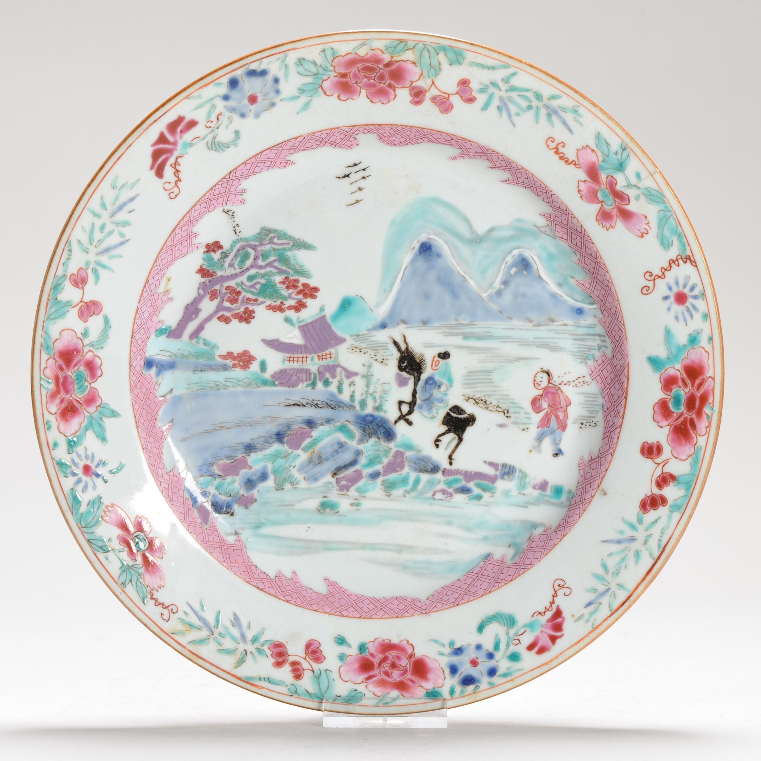 18th century Antique Chinese Porcelain Plate Donkey Traveller Servant Rose