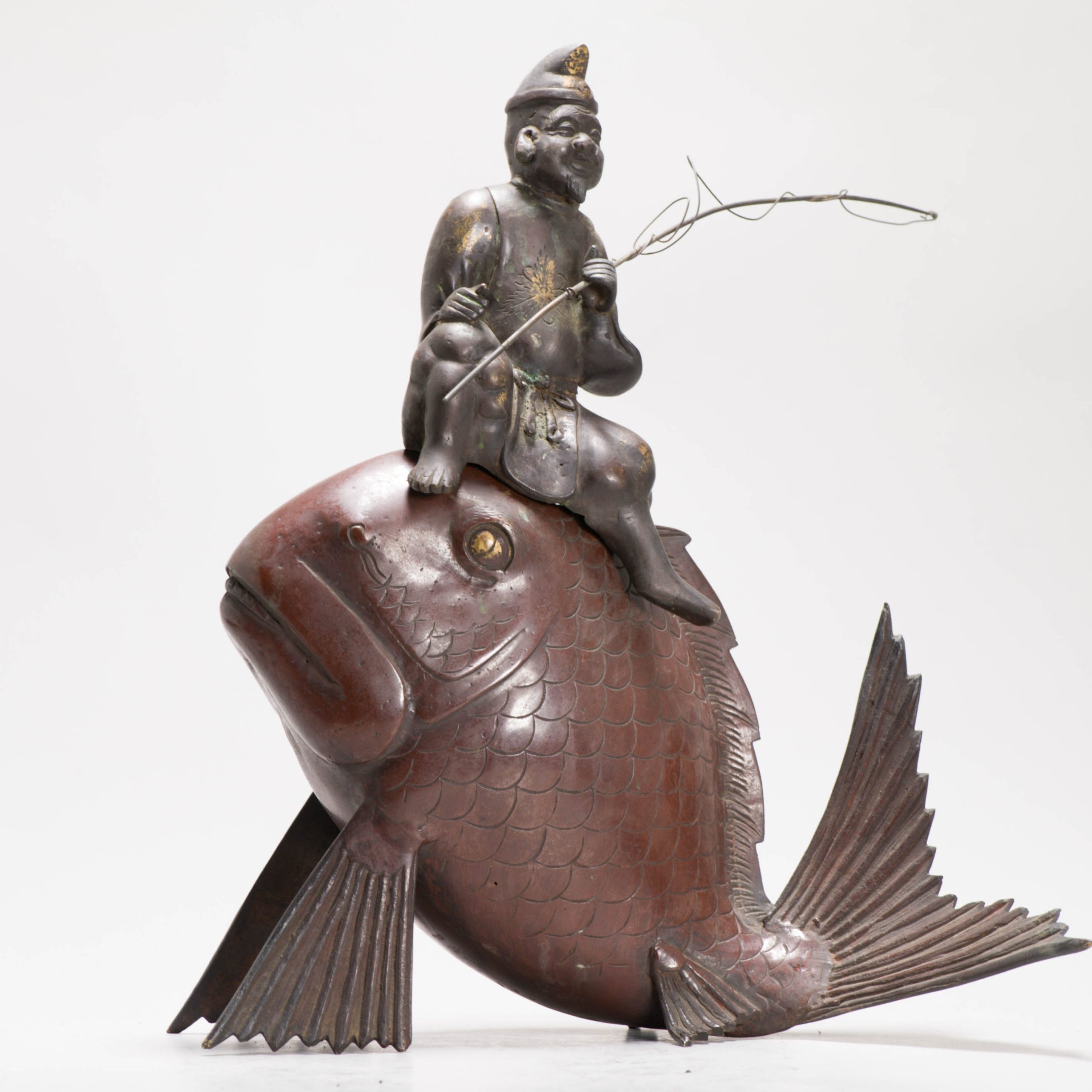 Antique Japanese Bronze / copper Statue Incense Burner Fisherman on a fish - 图片 2