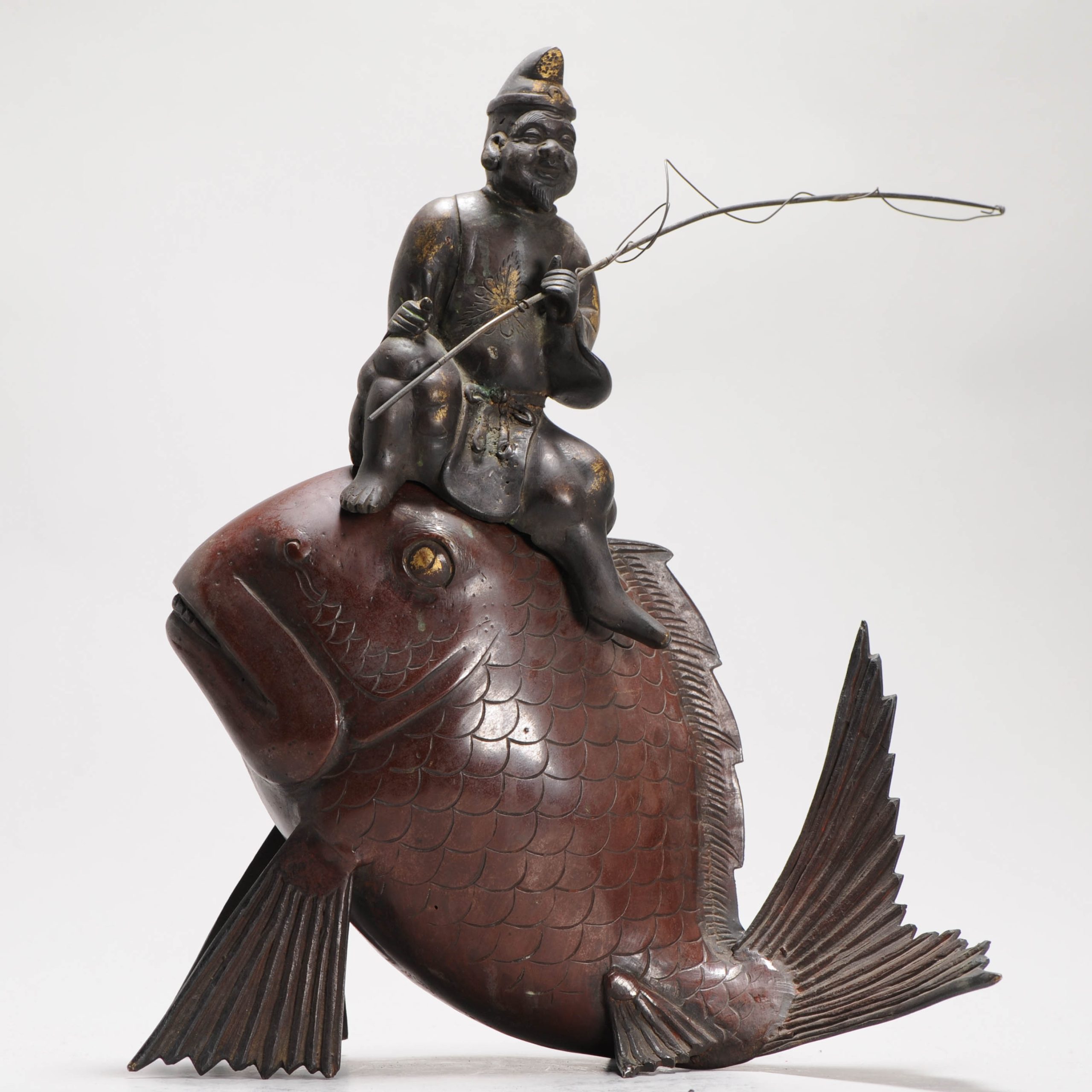 Antique Japanese Bronze / copper Statue Incense Burner Fisherman on a fish - 图片 12