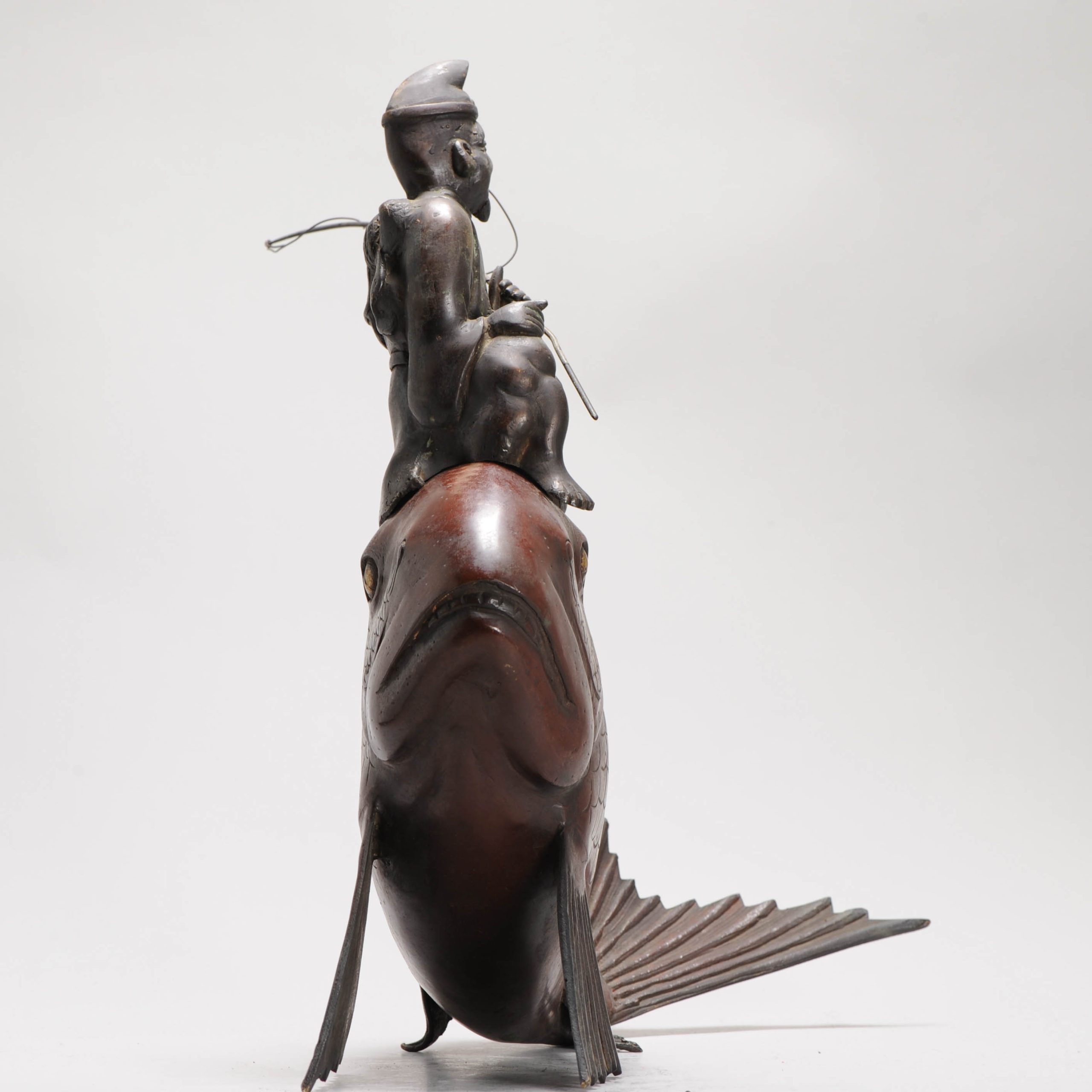 Antique Japanese Bronze / copper Statue Incense Burner Fisherman on a fish - 图片 4
