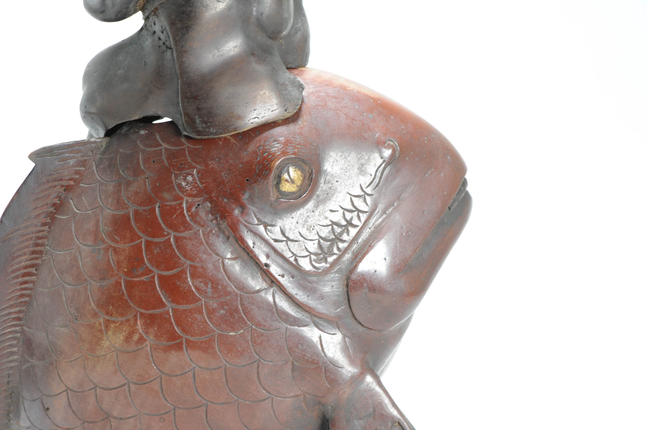 Antique Japanese Bronze / copper Statue Incense Burner Fisherman on a fish - 图片 21
