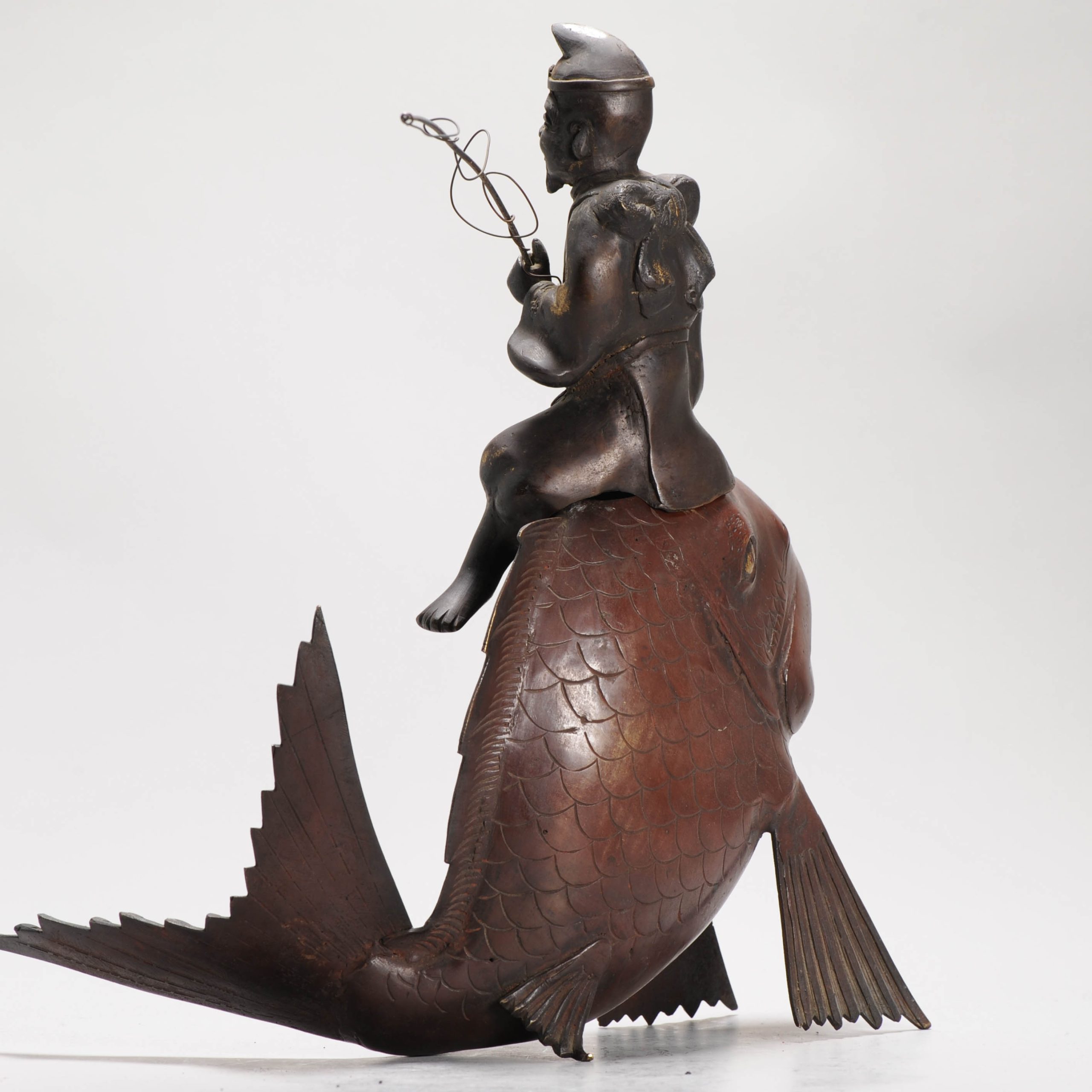 Antique Japanese Bronze / copper Statue Incense Burner Fisherman on a fish - 图片 8